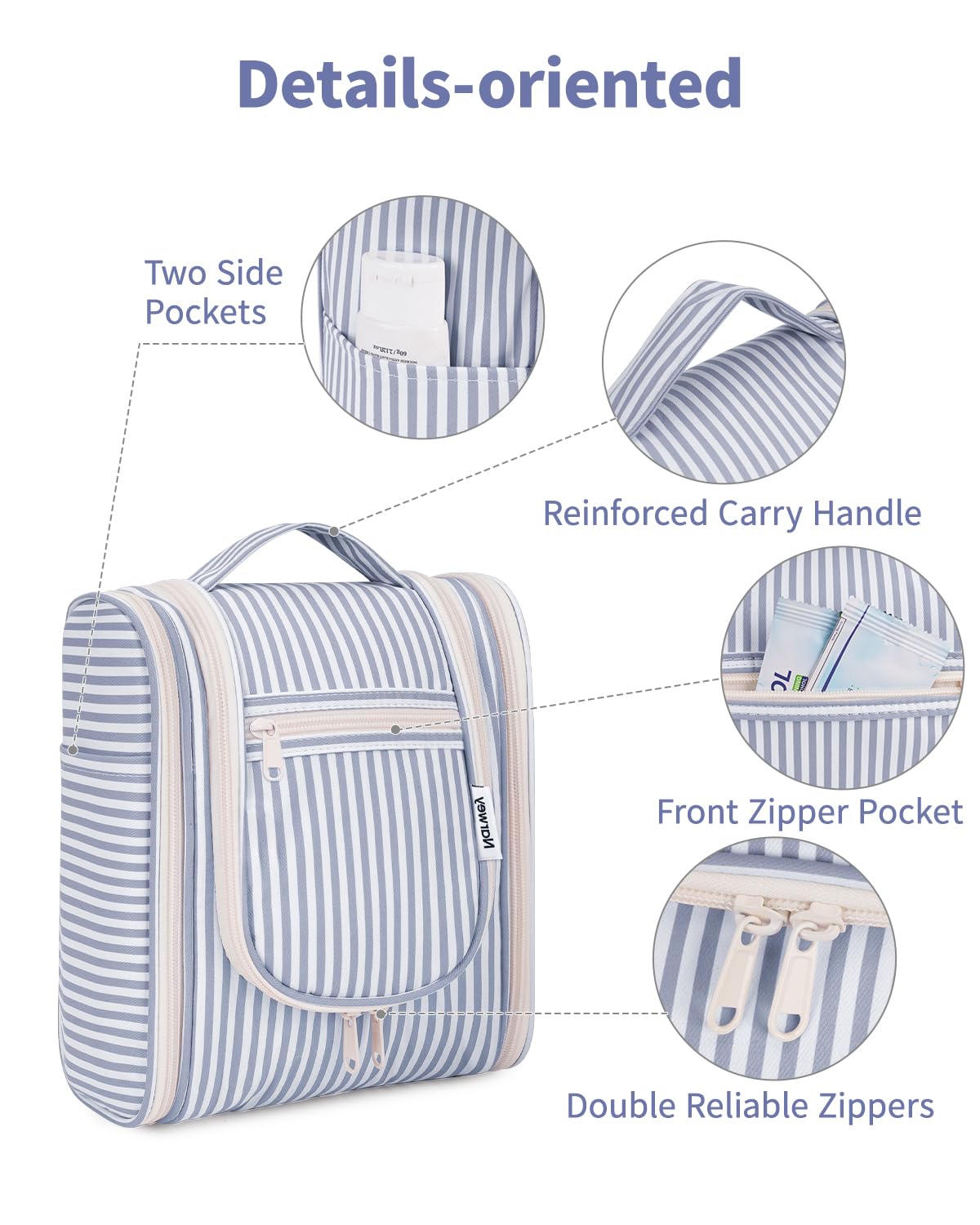 Narwey Small Striped Hanging Travel Toiletry Bag for Women, Travel Bag for Toiletries, Makeup Bag Organizer Cosmetic Bags Make Up Bags for Women (Greyish Blue Stripe)