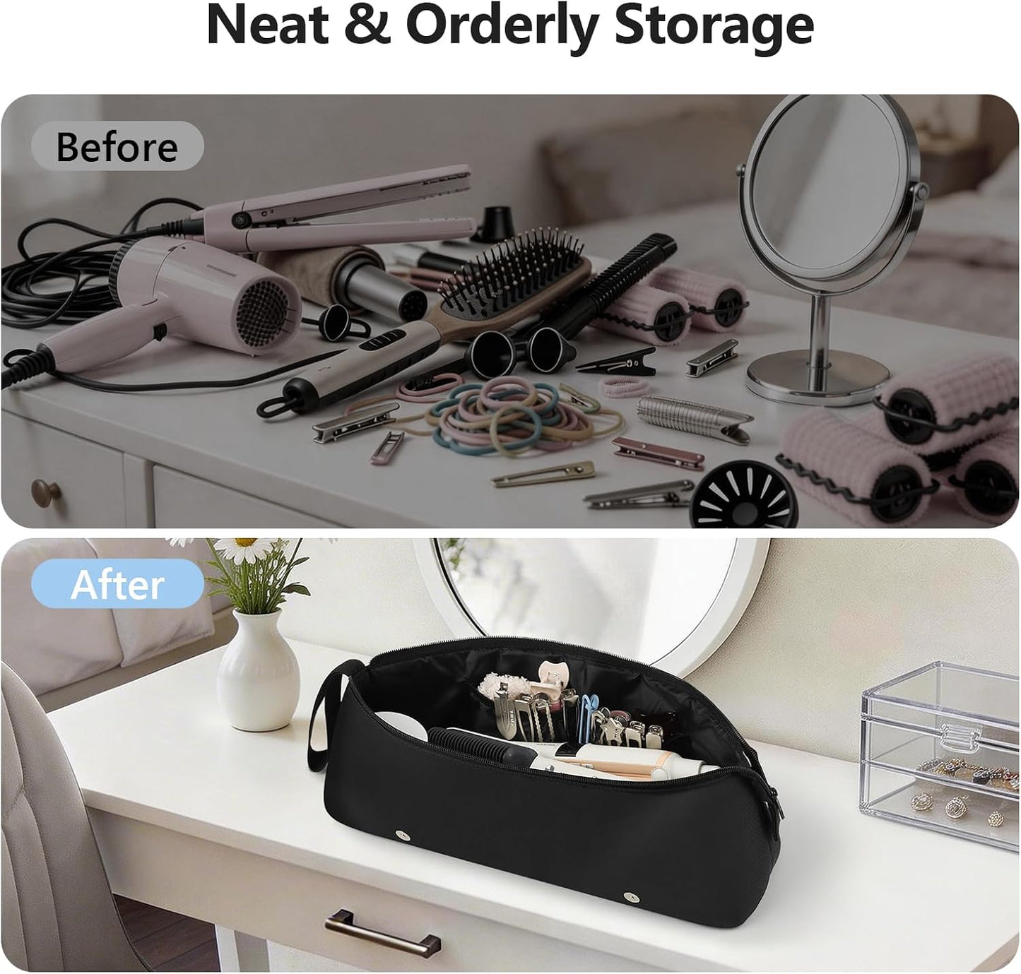 MOKURA Travel Hair Tools Organizer Bag - Heat Resistant Mat, Removable Storage Pouch for Curling Iron & Straightener | Black