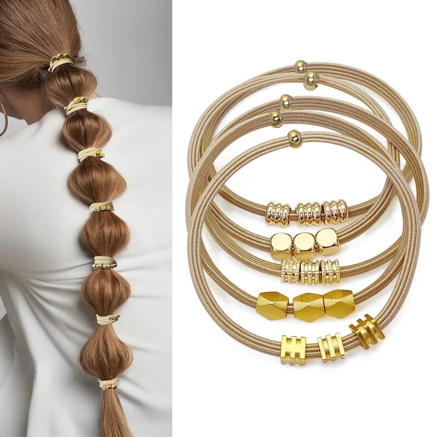 Blonde Boho Hair Ties Bracelet - Trendy Elastic Ponytail Holders with Gold Bead | Ideal for Thick, Thin, Curly Hair (Beige)