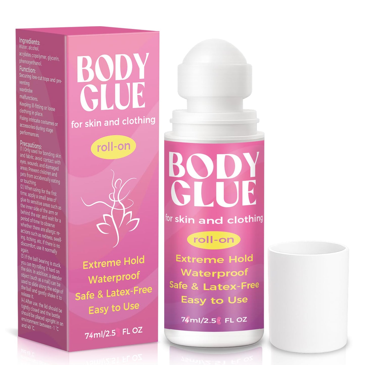 Body Glue for Clothes & Skin 2.54 Oz, Strong Body Adhesive Roll-On, Sweat Resistant & Water Washable, Professional Fashion Glue for Dancers, Butt Glue for Leotards, Wigs, Socks, Bras & Cosplay (75ml)