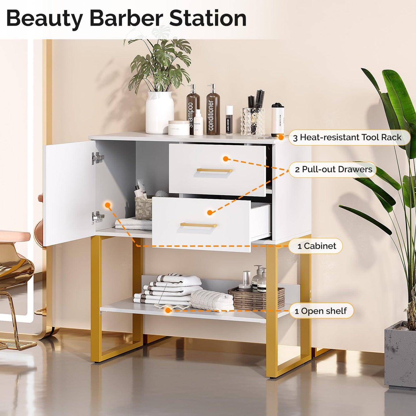 OmySalon Beauty Barber Station, Salon Stations for Hair Stylist, Salon Storage Cabinet with Drawers & Hair Dryer Holders, Styling Station for Spa Dresser Bathroom, White
