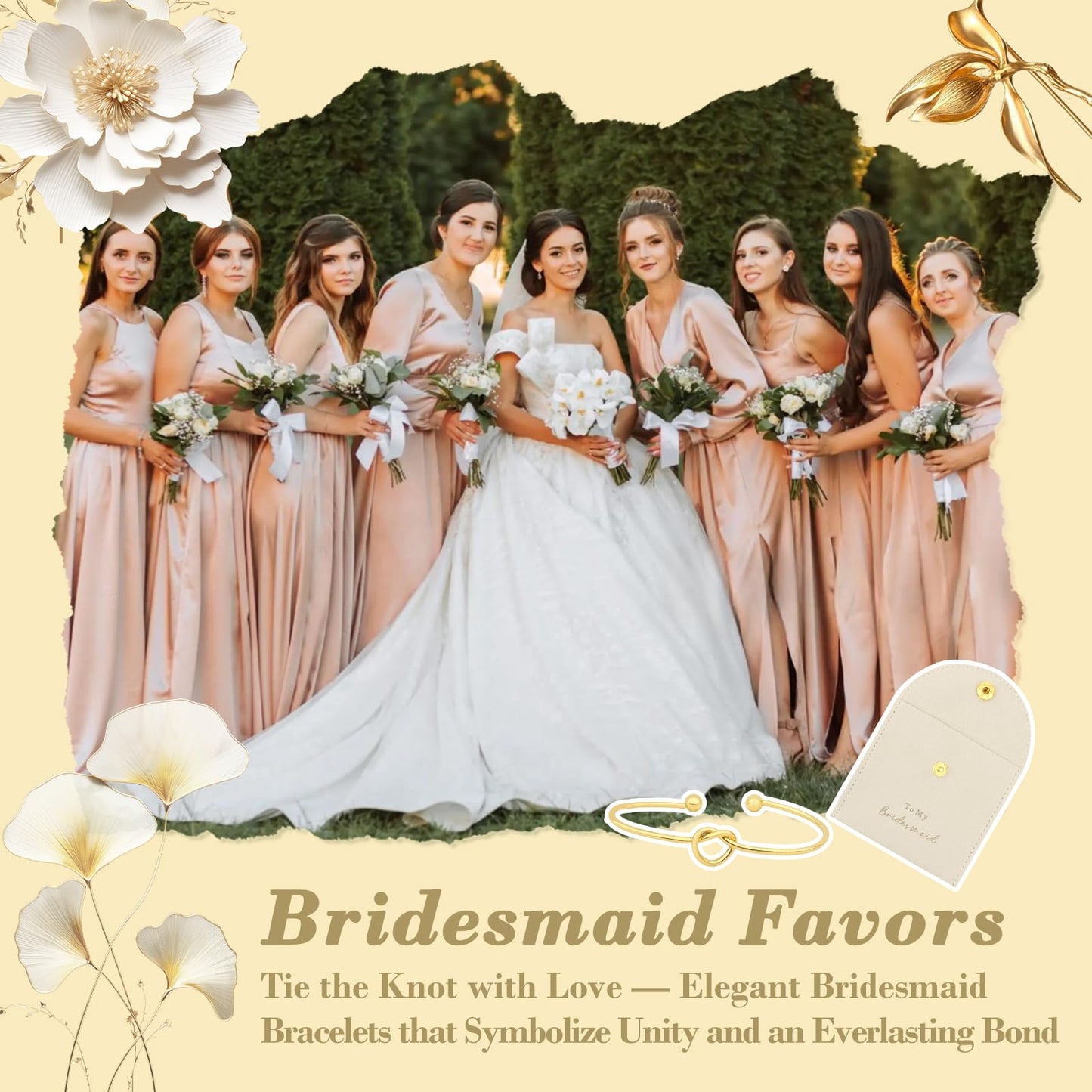 TIOSRU 16Pcs Bridesmaid Proposal Gifts Set Beige Small Jewelry Bags & Bridesmaids Knot Bracelets Set Bridesmaid Gifts for Wedding Day Bridal Shower Bachelorette Favors
