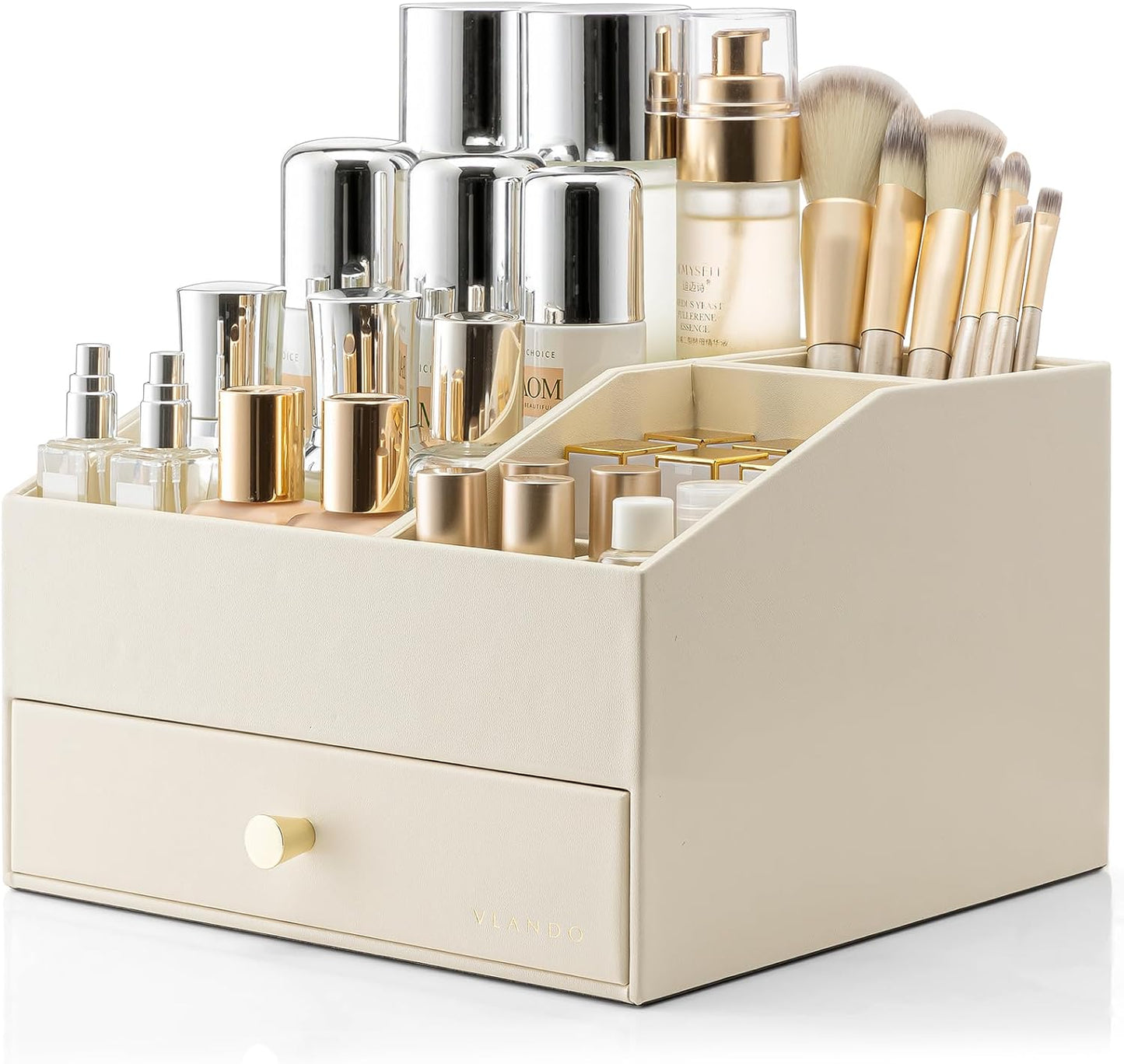 VLANDO Makeup Organizer - PU Leather Vanity Storage with Drawers | Beige Cosmetic & Skin Care Organizer for Women