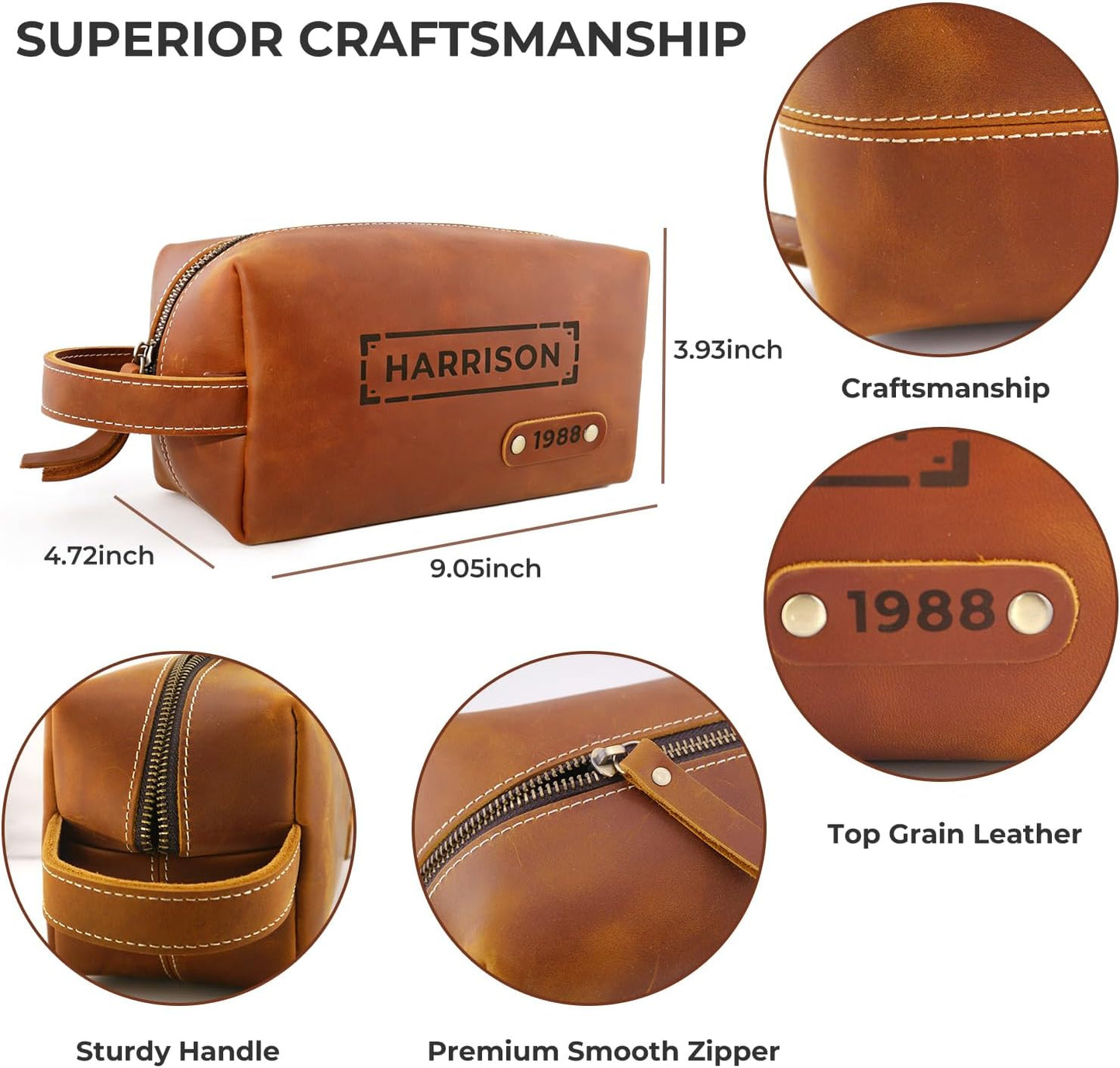 Personalized Toiletry Bag - Genuine Leather Dopp Kit with Custom Engraving | Travel Shaving Bag Gift for Men
