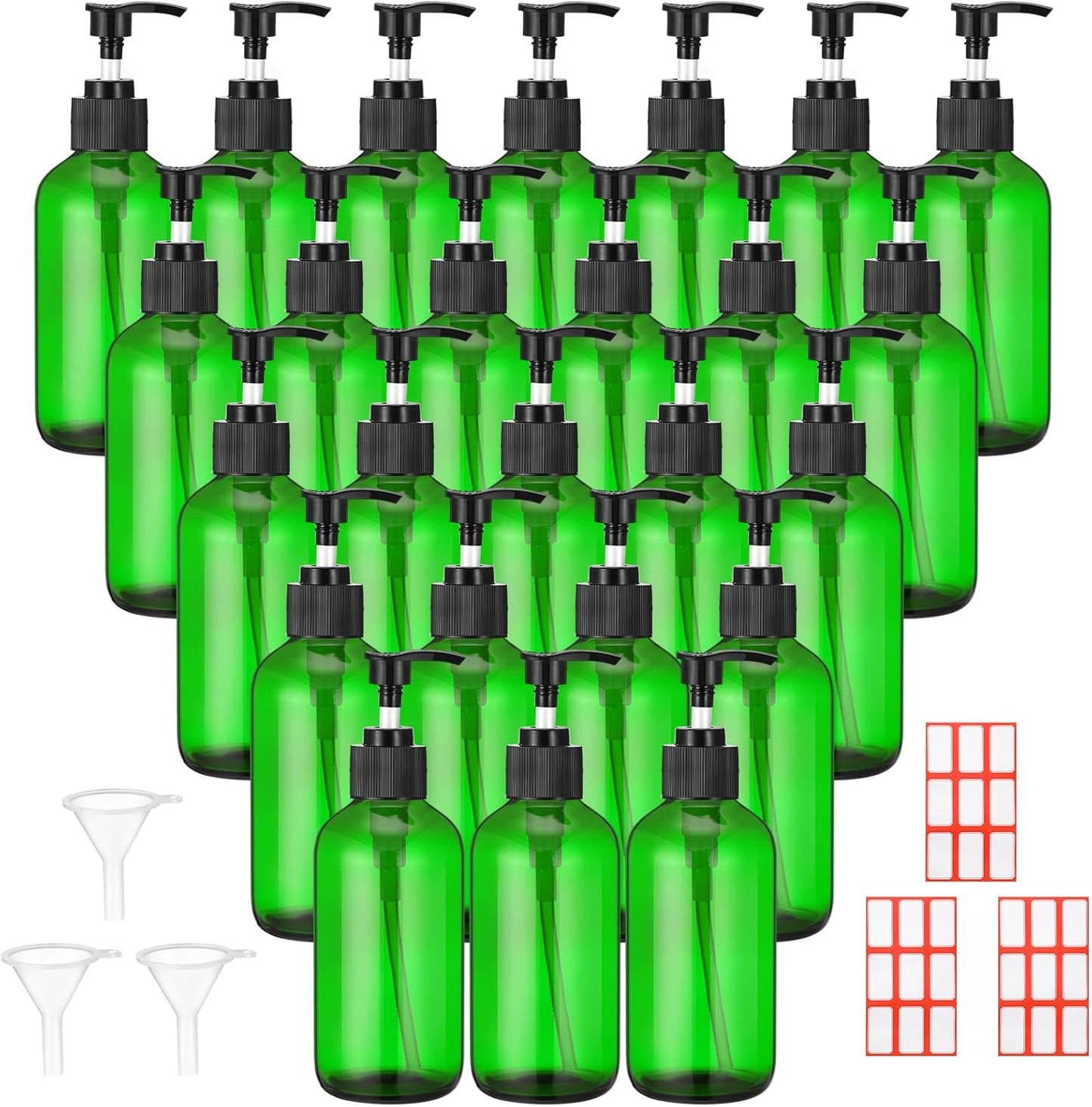 Glass Pump Bottle Set - 24 Pcs 8 oz Refillable Soap Dispenser with Labels & Funnels | Amber