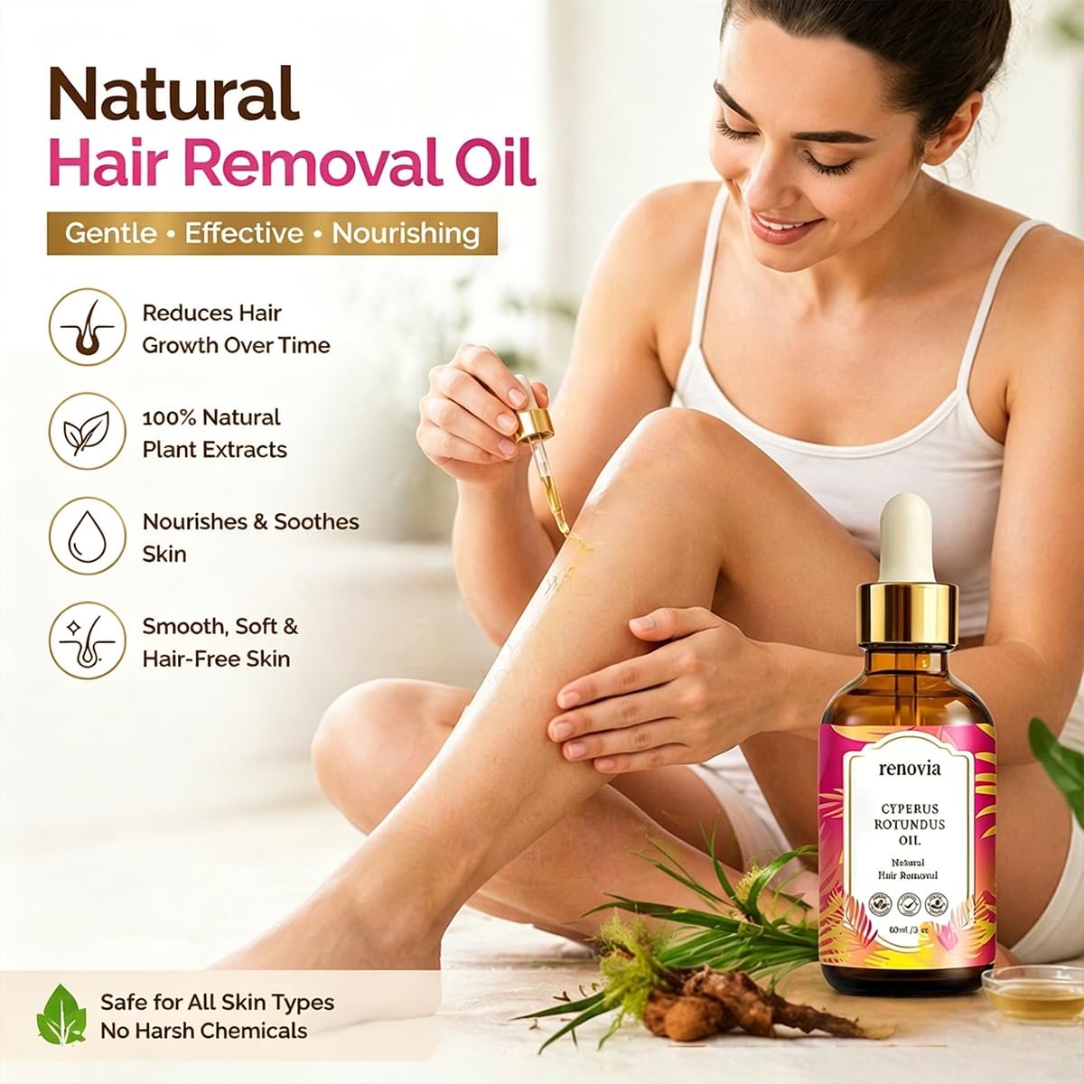 Cyperus Rotundus Oil - Herbal Hair Removal Serum with Peppermint | Hydrating & Soothing for All Skin Types
