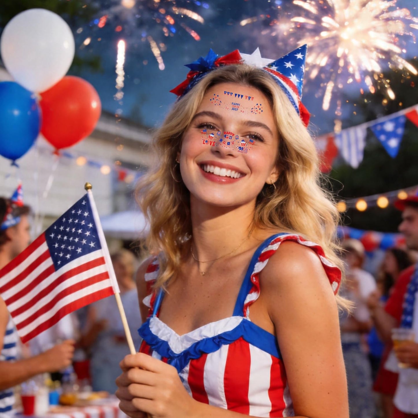 Patriotic Red, White & Blue Glitter Freckles Face Tattoos - 12PCS 4th of July Makeup Patches for Women & Kids