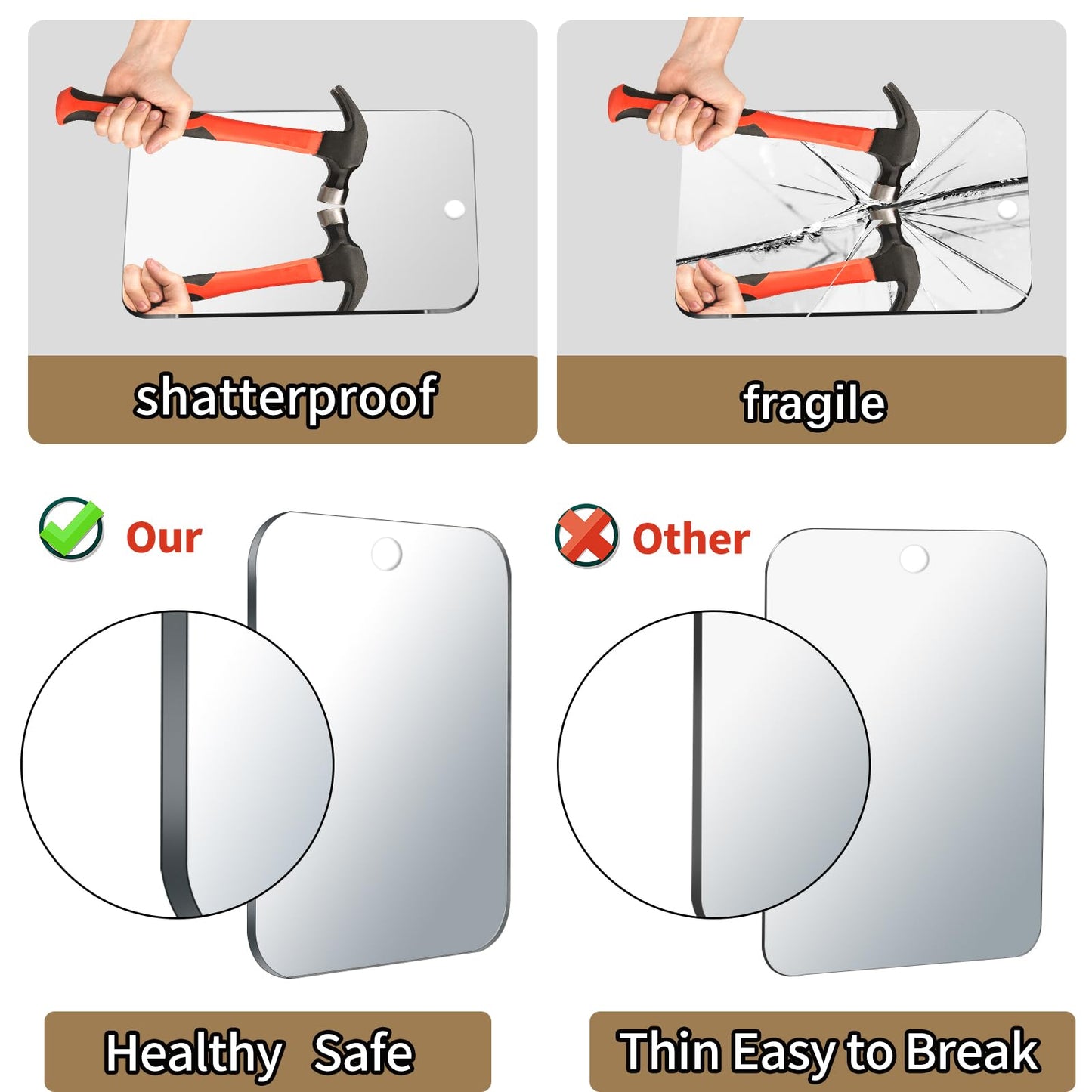 2 Pack Shower Mirror Fogless for Shaving, Larger 10.7x8 inch Plexiglass Hand Mirror for Shower, Plastic Small Wall Mirrors for Travel, Unbreakable Little Mirrors, Camping Mirro, Hanging, Espejos