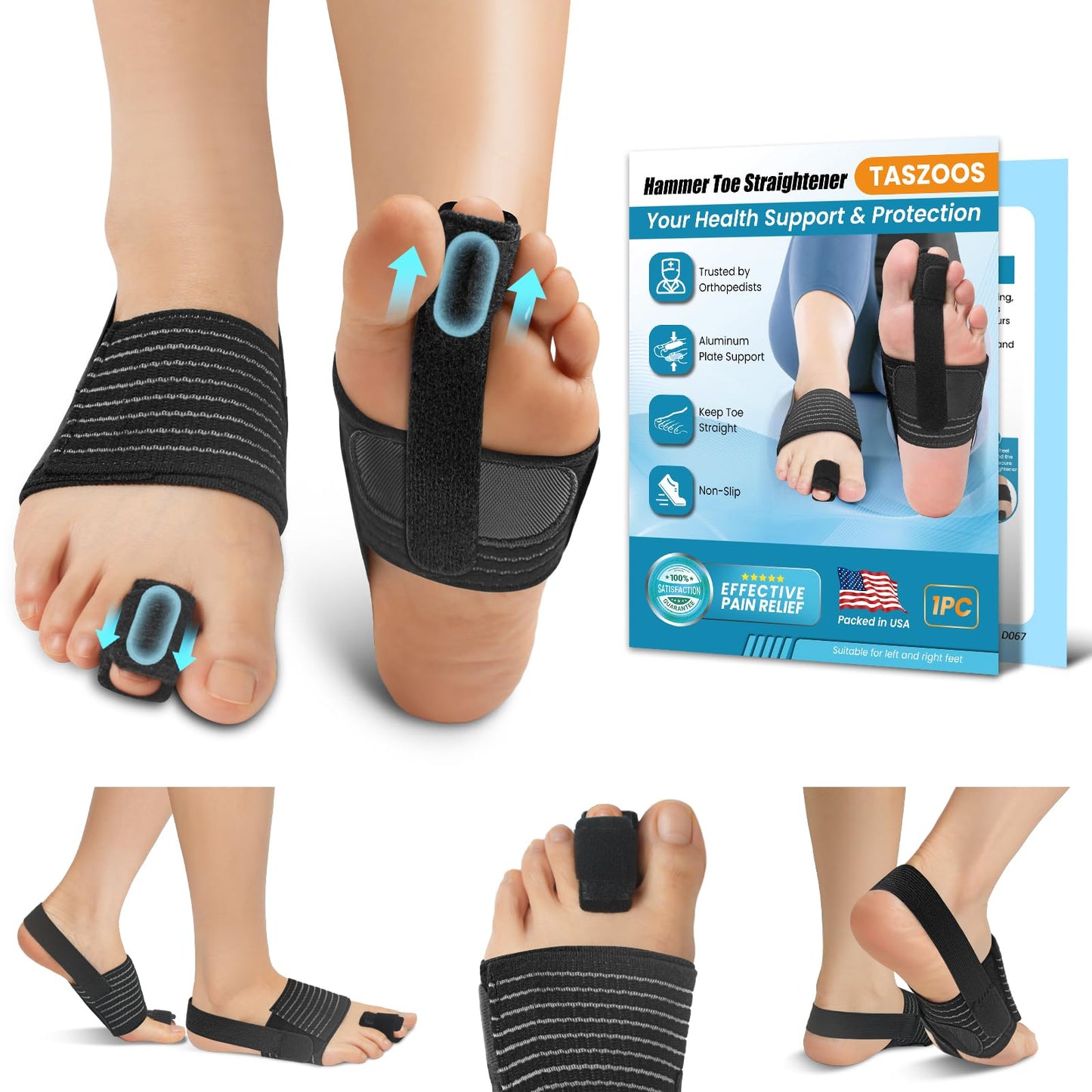 TASZOOS Hammer Toe Straightener - Adjustable Hammer Toe Corrector for Women & Men - Non-Slip Toe Splint Relief for Curled, Broken Support - Toe Wrap for Resting, Standing (1 Foot Wrap & 1 Strap)