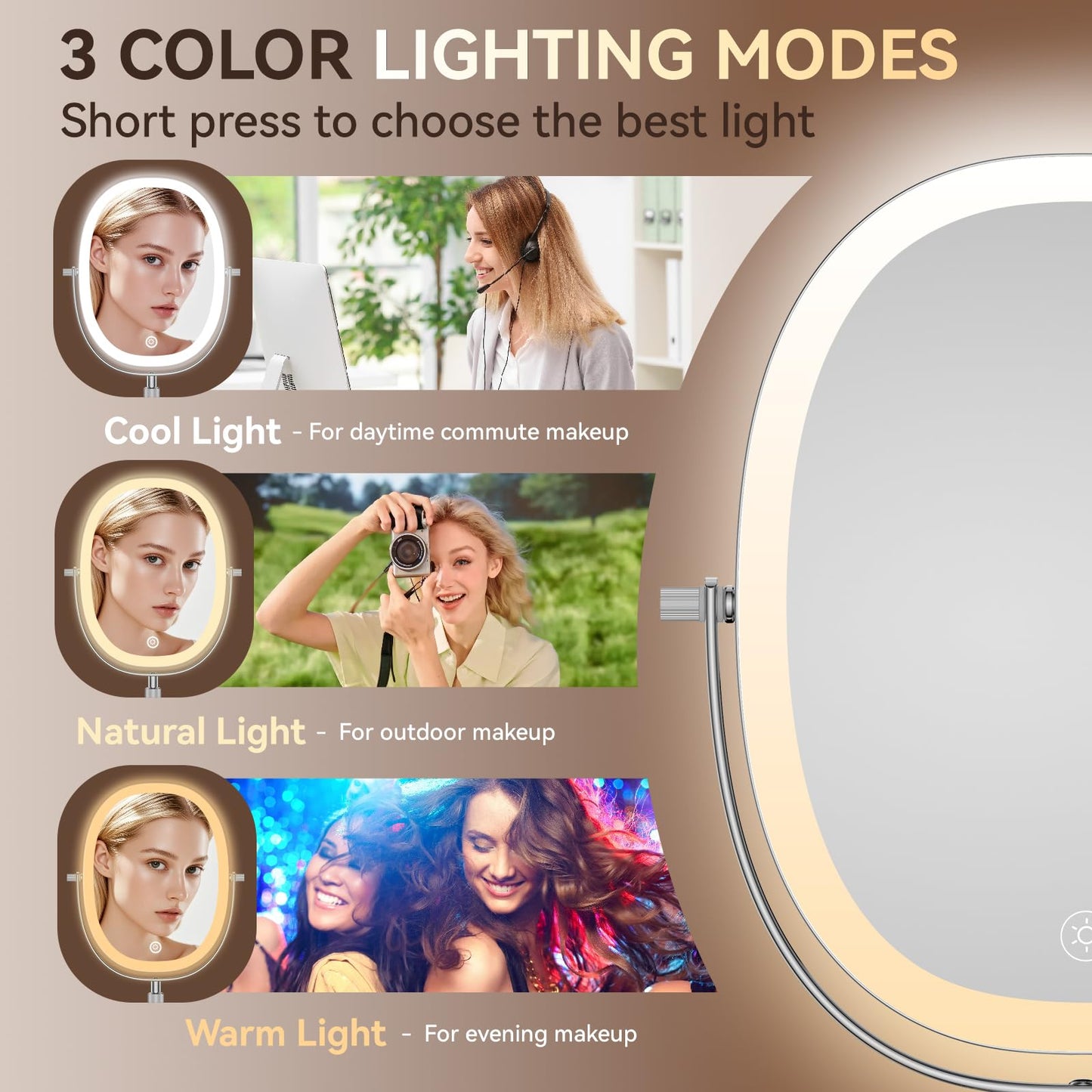 9″ Lighted Makeup Mirror with Magnification, Height Adjustable Vanity Mirror, Rechargeable Makeup Mirror with Lights- 3 Modes, 360° Swivel Double Sided 7x Magnifying Mirror, Mothers Day Gifts for Mom