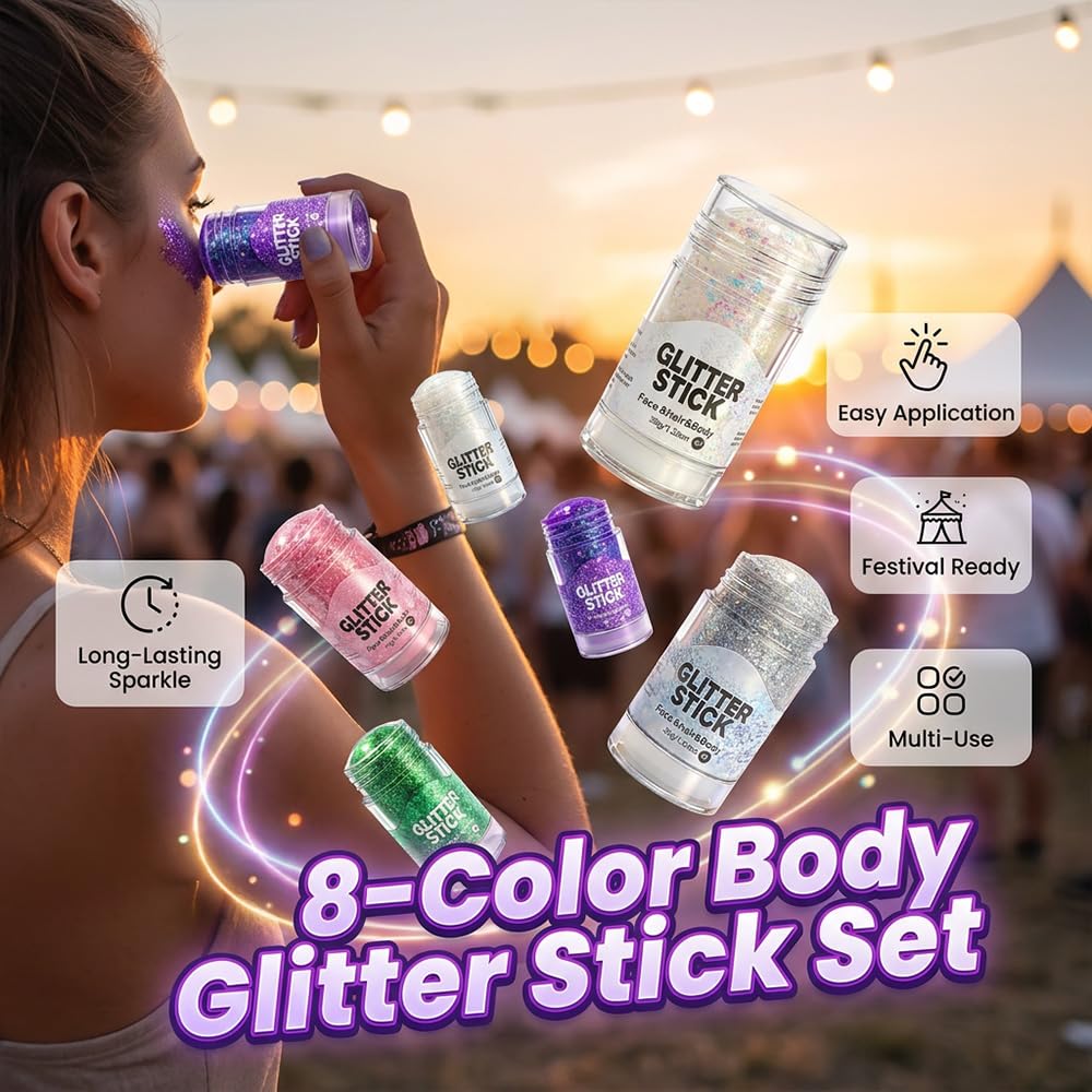 Red White Blue Body Hair Glitter Stick, 2026 New USA Flag Star Face Glitter for 4th of July Outfits Women Kids, Waterproof Makeup Glitters for 250th Anniversary Accessories (04#)