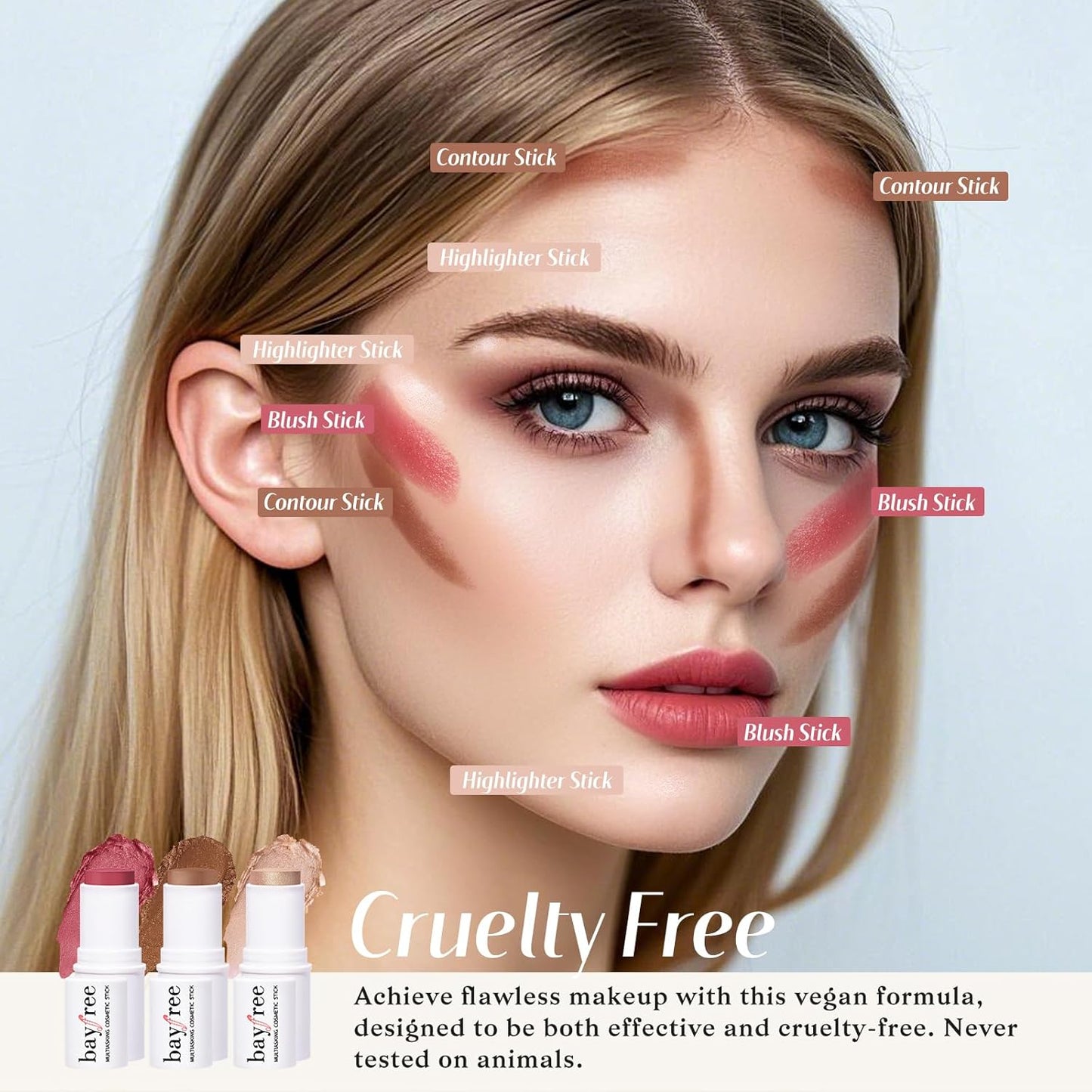 KIMUSE Cream Blush, Highlighter & Contour Stick Trio - Long-Lasting Face Makeup Set with Brush