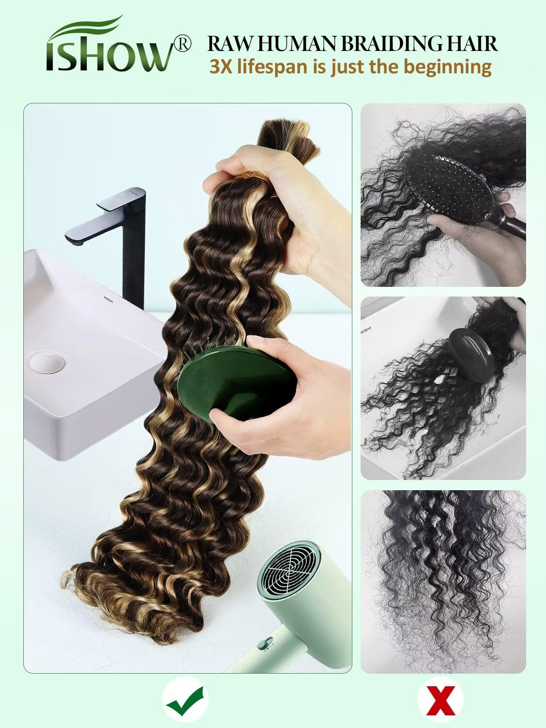 ISHOW Raw Human Braiding Hair 100% Unprocessed Virgin Human Hair 15A Deep Wave Boho Hair 100g 18 Inch (2 Packs) NO.1 Premium Quality Boho Hair Producer Long Lasting Ombre Honey Blonde Color P4/27