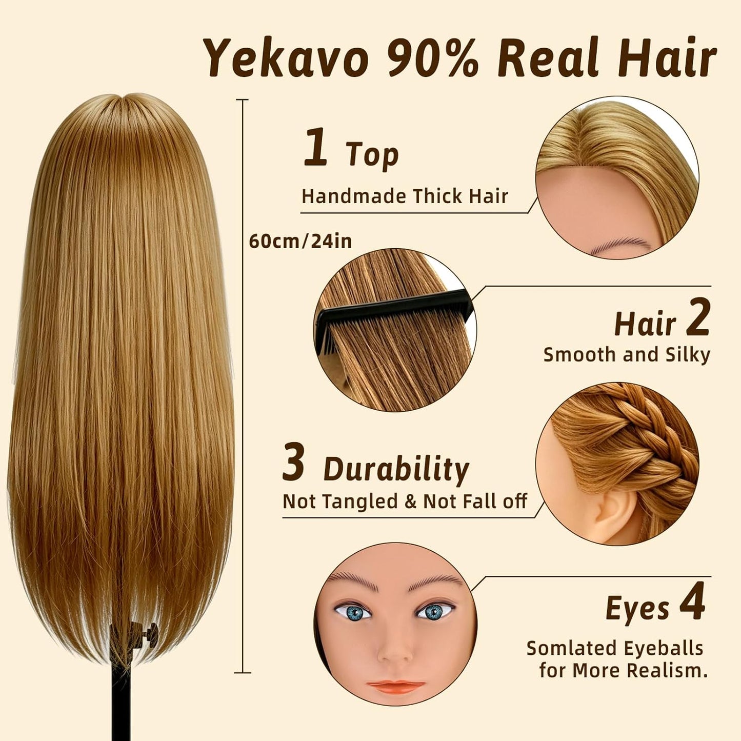 Mannequin Head - 90% Human Hair Styling Head for Cosmetology | 24" Gold Blonde Hairdressing Training Doll with Clamp