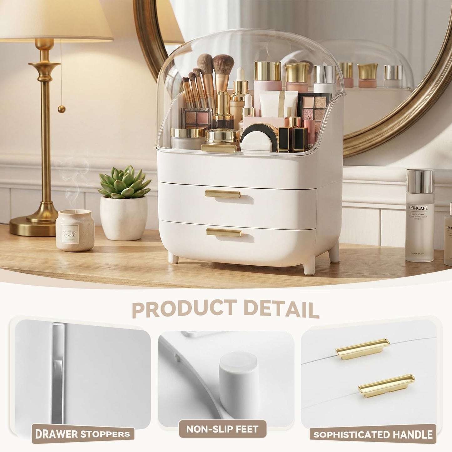 novelinks 3-Tier Skincare Makeup Organizer with Drawers and Dustproof Lid, Large Capacity Vanity Cosmetic Storage Box for Perfume, Lotion, Makeup Brushes & Beauty Accessories