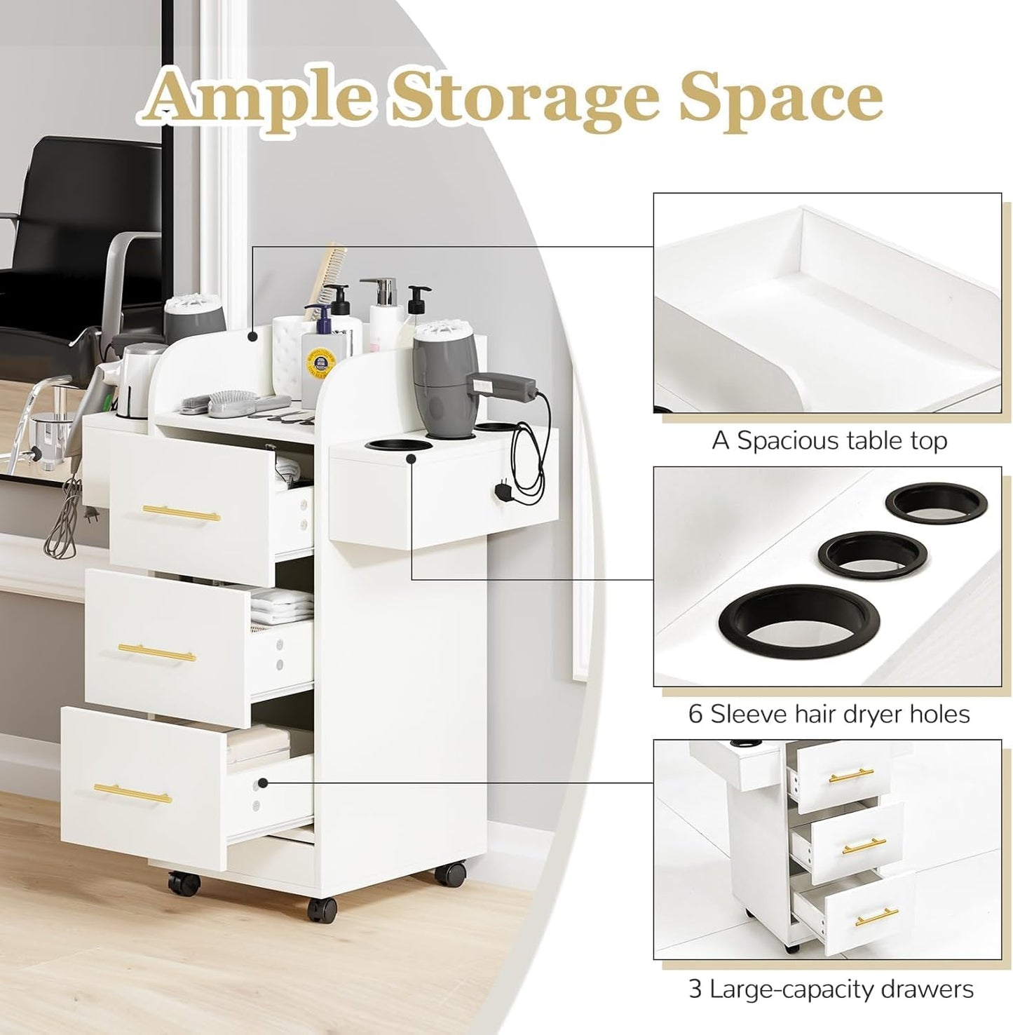 Rolling Salon Station for Hair Stylists - Mobile Trolley Cart with 6 Dryer Holders & 3 Drawers | White & Gold