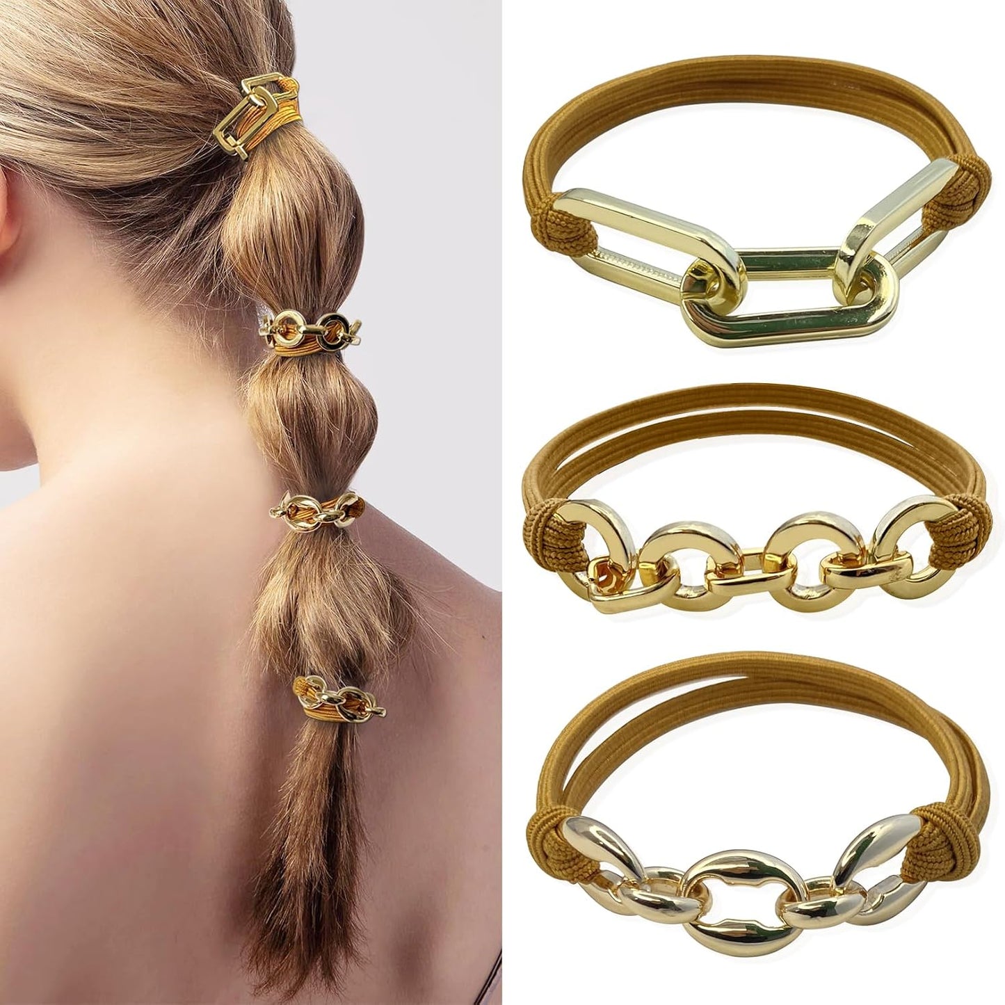 Black Hair Ties for Women - 5 Pack Elastic Ponytail Holders | 3mm Thick, No Damage, Beaded with Gold Charms