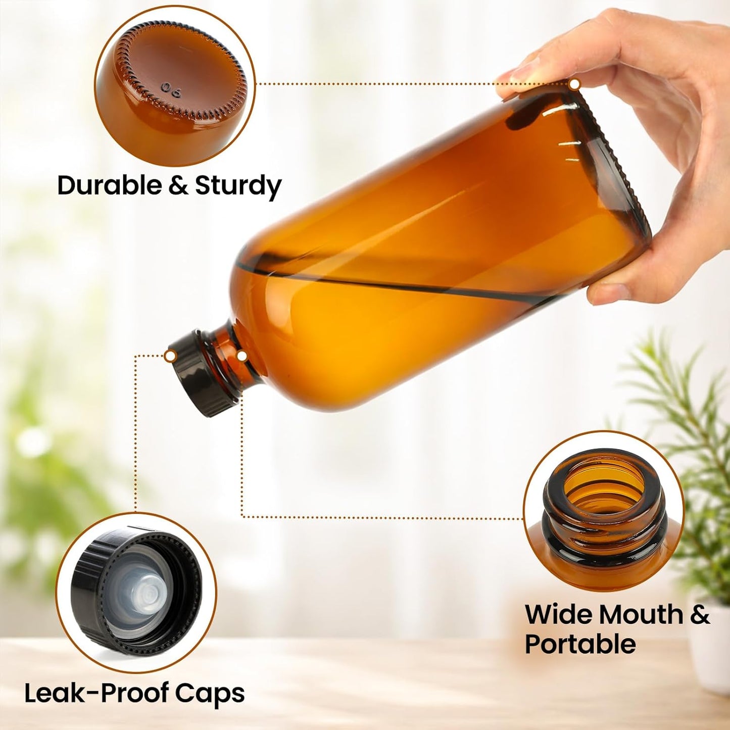 15oz Amber Glass Bottles - 16 Pack Boston Round with Airtight Caps for Extracts, Kombucha & Herbal Liquids