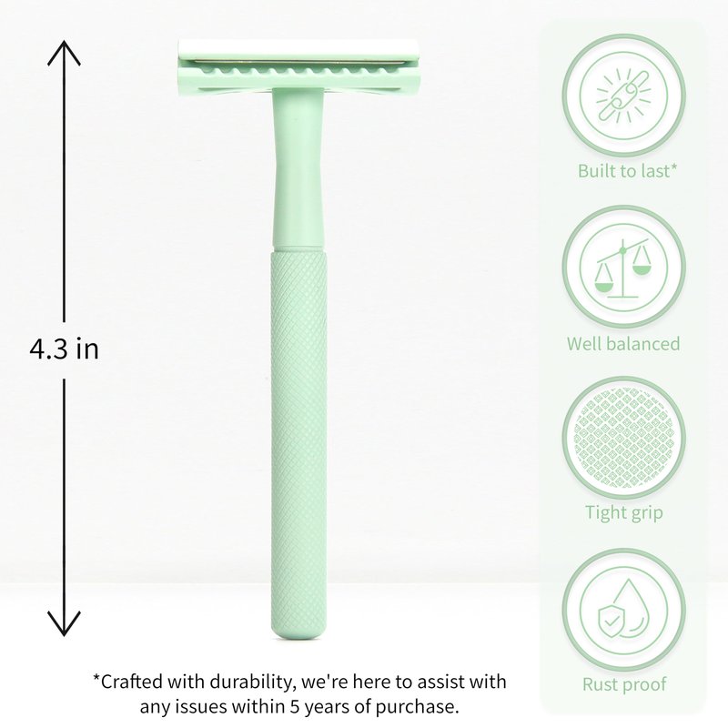 Bambaw Single Blade Razors for Women and Men with 5 Double Edge Safety Razor Blades, Stainless Double Edge Razor, Eco Friendly Razor, Reusable & Plastic Free - Mint Green