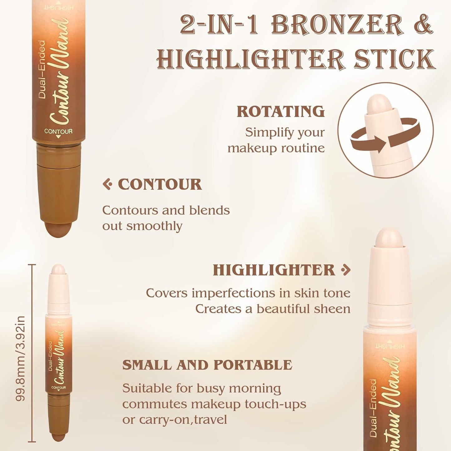 Contour Highlighter Stick - 2-in-1 Dual-Ended Cream Bronzer & Highlighter for Easy Face Contouring | Buildable, Waterproof, Neutral Nude + Beige