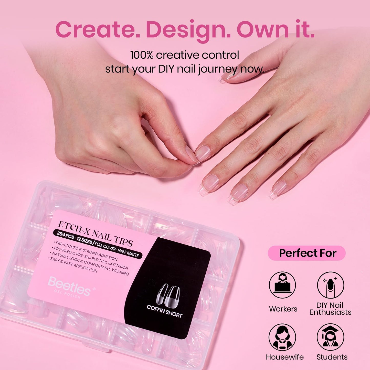 Beetles Gel Nail Tips Etch-X- Coffin Short, 384pcs 12 Sizes, Pre-Etched Half Matte Full Cover Soft Gel Nail Tips, Press on False Nail Extension Acrylic Fake Nails, Easy DIY Salon Art
