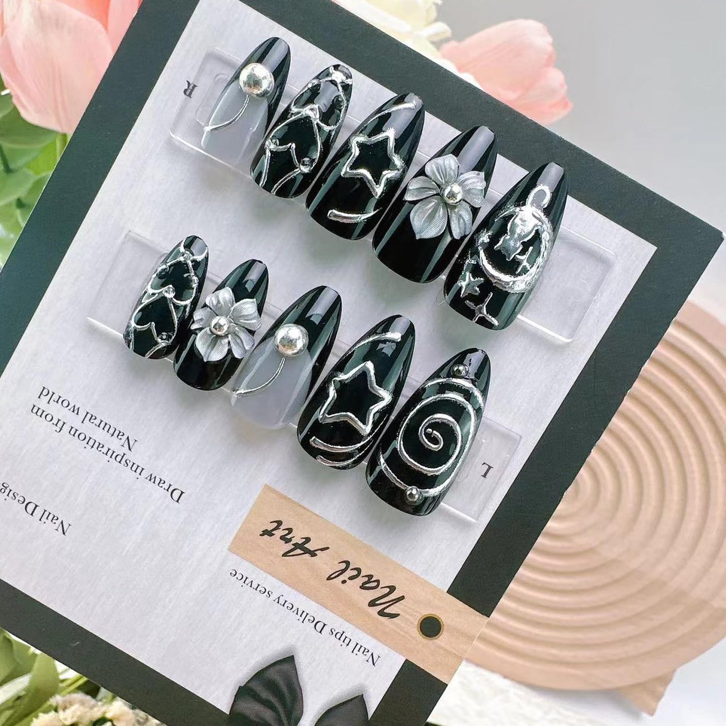 Black Chrome Press-On Nails - Medium Almond Gothic Acrylic Nails with 3D Flower & Rhinestones | 24-Pcs Nail Kit for Women