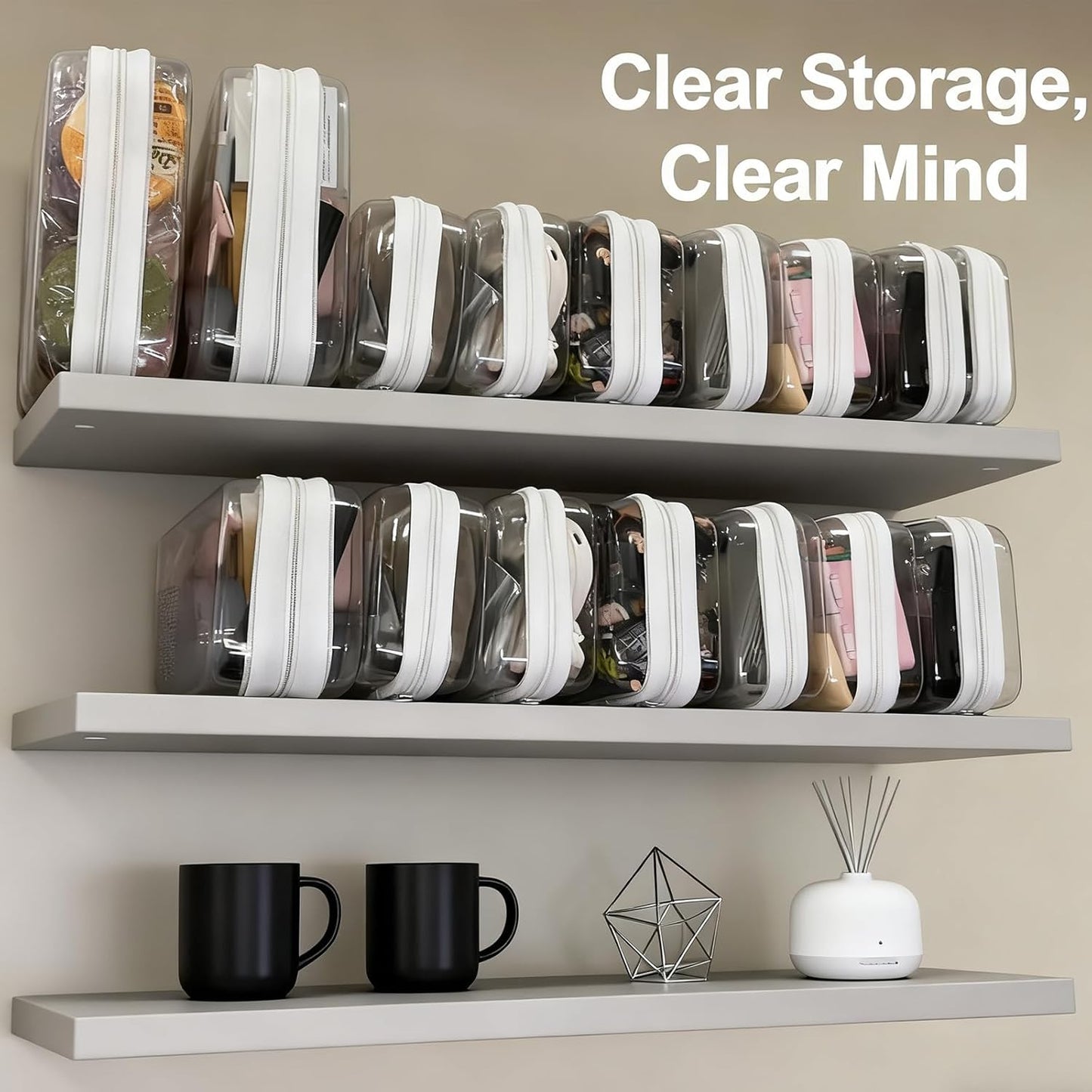 Clear Hard Shell Zipper Cases - 12 Pack Makeup & Pencil Organizers | 4 Large, 4 Medium, 4 Small - White