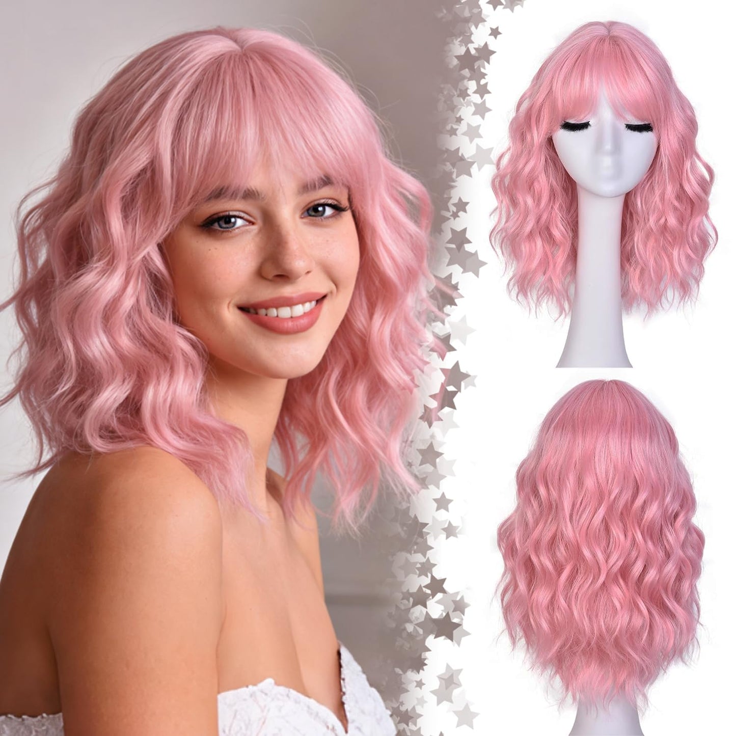 Short Wavy Wig with Bangs - Natural Curly Synthetic Hair for Women | 14-Inch Brown with Blonde Highlights