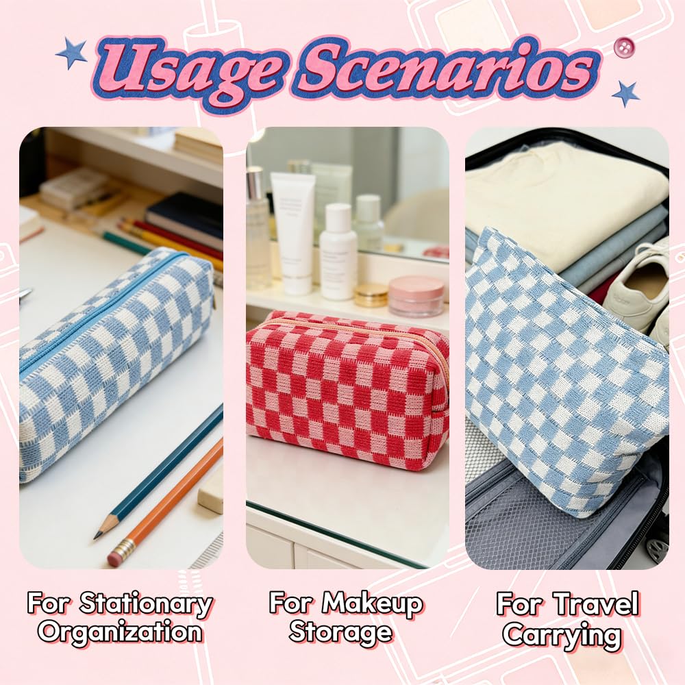 Stidgbo 3 Pieces Checkered Makeup Bag Set, Pink Cosmetic Bags for Women, Large Medium Small Portable Travel Toiletry Bag, Cute Zipper Pouch Organizer for Purse, Skincare, Cosmetics, Stationery