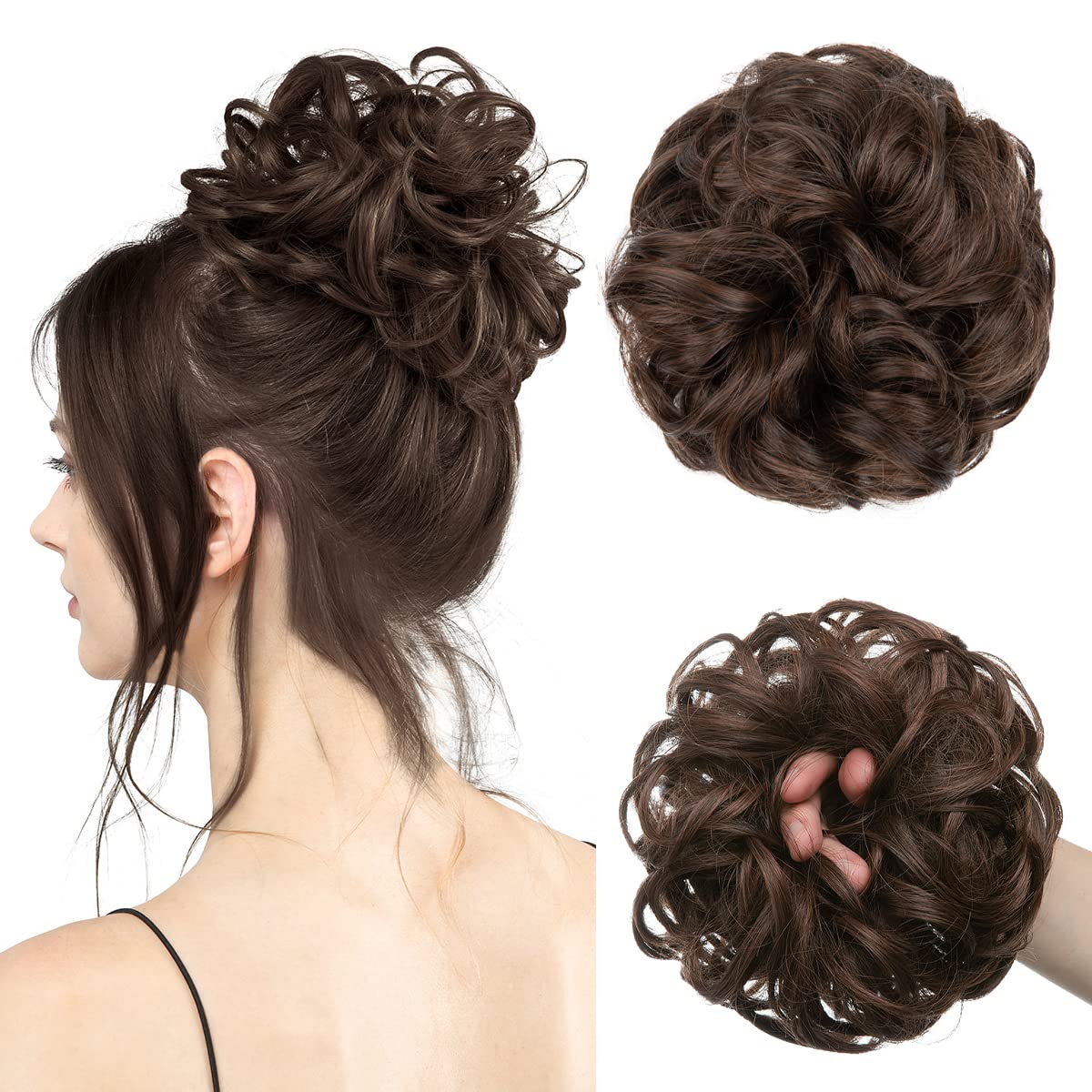 Large Messy Bun Hair Piece - Wavy Curly Synthetic Chignon Ponytail Extensions | Thick Updo in Light Auburn