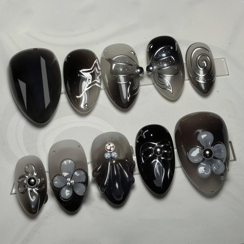 Black Press-On Nails - 30pcs Short Almond Design with 3D Flowers & Pearls | Gradient French Tips for Women