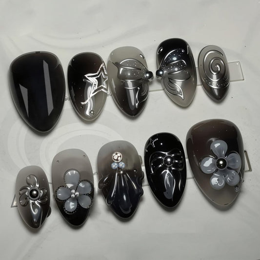 30Pcs Black Press on Nails Short Almond Fake Nails with 3D Designs Flower False Nails Spring Butterfly Acrylic Nail Summer Silver Star Bow Flowers Full Cover Black Gradient Stick on Nails for Women