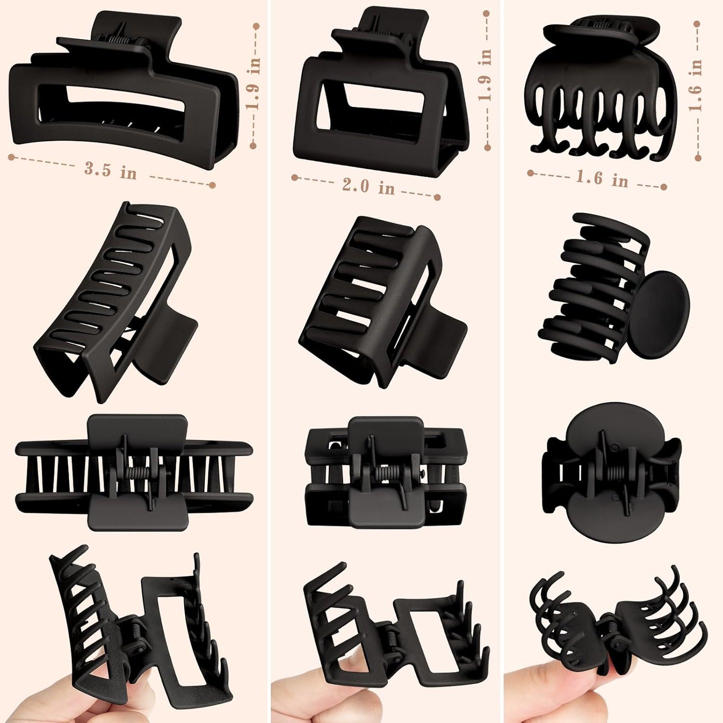 Hair Claw Clips Set - 12 PCS for Women | Small, Medium & Large Clips for All Hair Types - Black