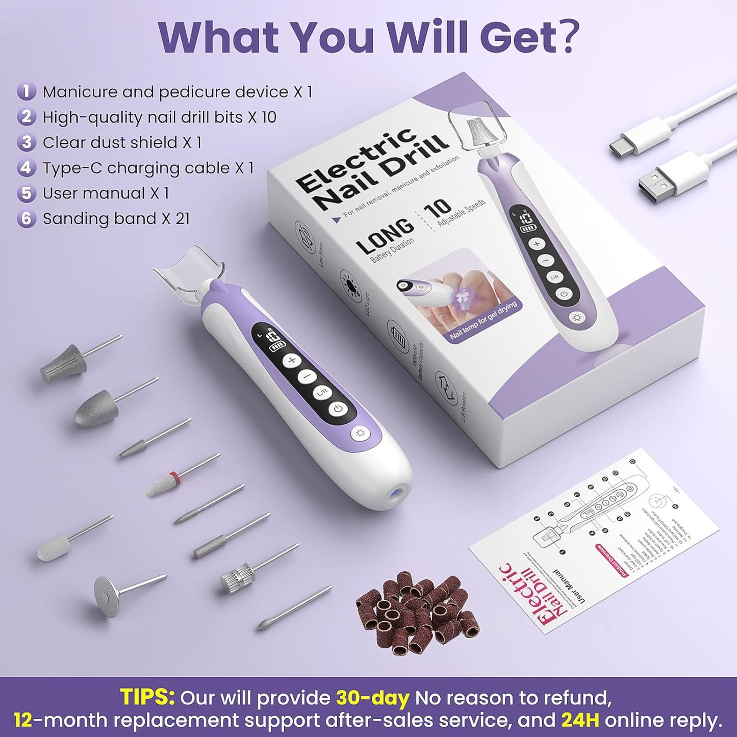 Electric Nail Drill - 10-Speed Cordless Nail File Kit for Thick Toenails | Rechargeable Manicure Pedicure Set with LED Display, Purple
