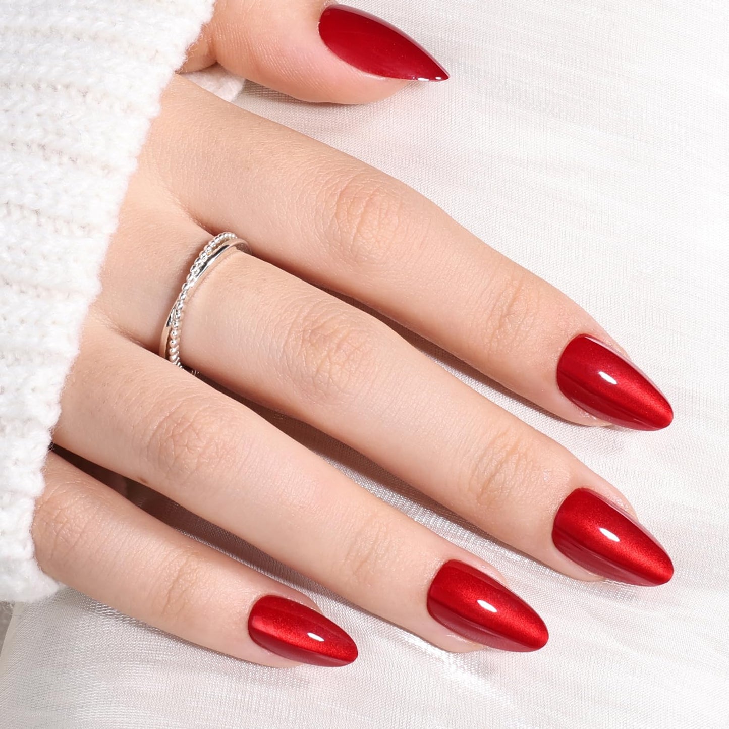 Red Cat Eye Press On Nails - Almond Short Reusable Fake Nails | 32pcs in 16 Sizes, Garnet Color