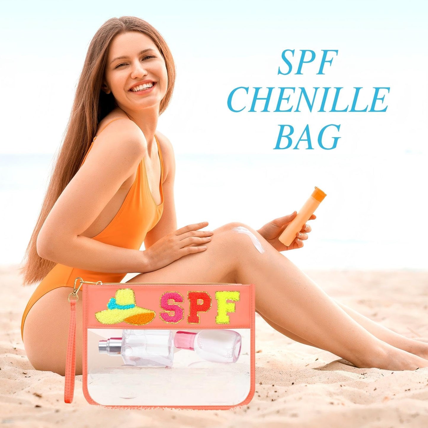 Kacctyen 6 Pcs Spf Bags Chenille Letter Clear Makeup Bag with Zipper Nylon Sunscreen Cosmetic Travel Pouch Transparent Toiletry Storager Gym Beach Bag with Handle for Women Girls(Multicolor, Spf)