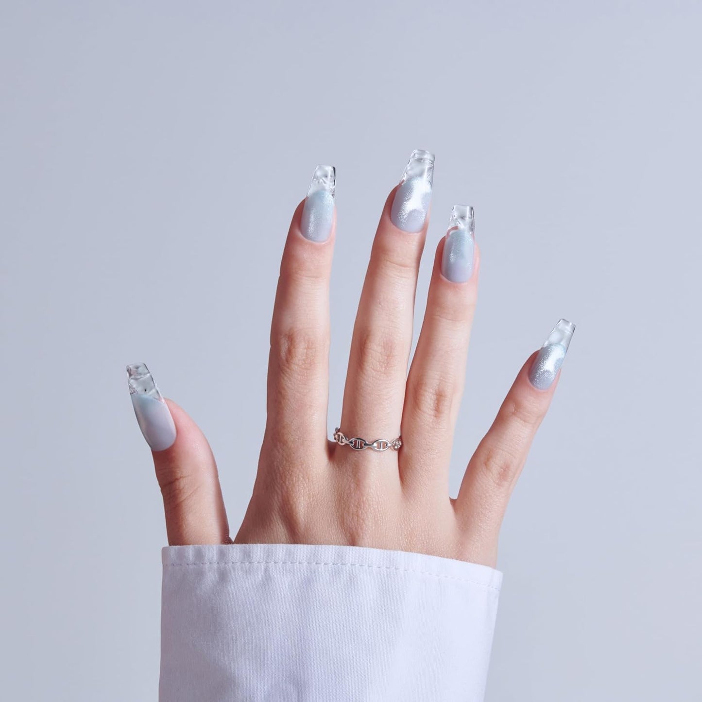 Press On Nails - Seraphic Blue Coffin Shape with Glue & Accessories | Long Size, 32 Nails Included