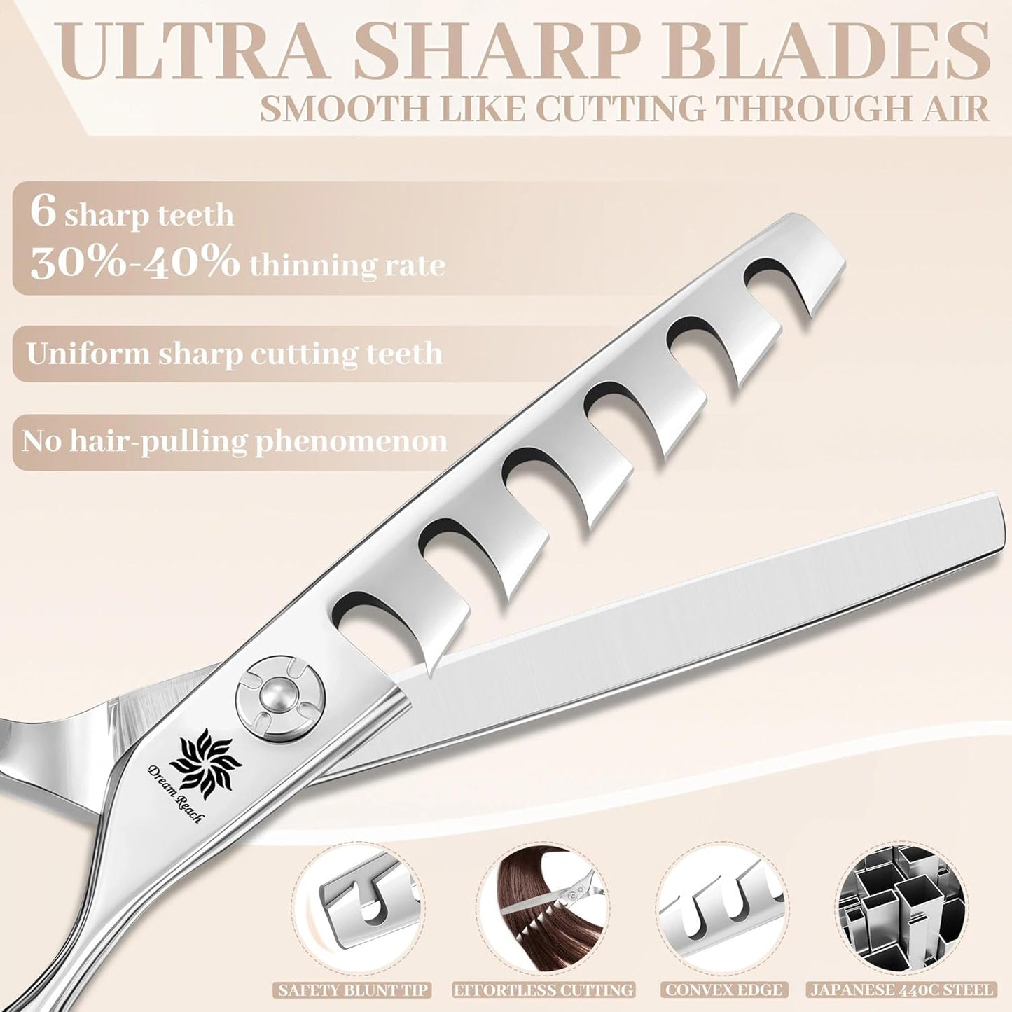 Dream Reach Professional Hair Cutting Scissors - 6 Inch Japanese 440C Steel Thinning Shear for Salon & Home Use