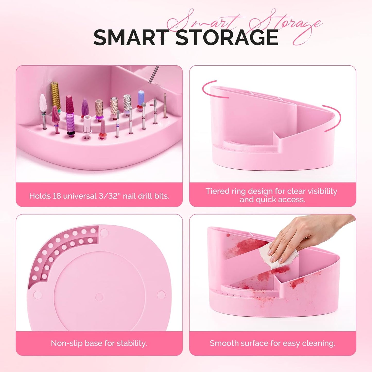 MelodySusie Nail Drill Holder - Large Capacity Nail Art Tools Storage Box | Sturdy Organizer for 3/32" Drill Bits, Pink