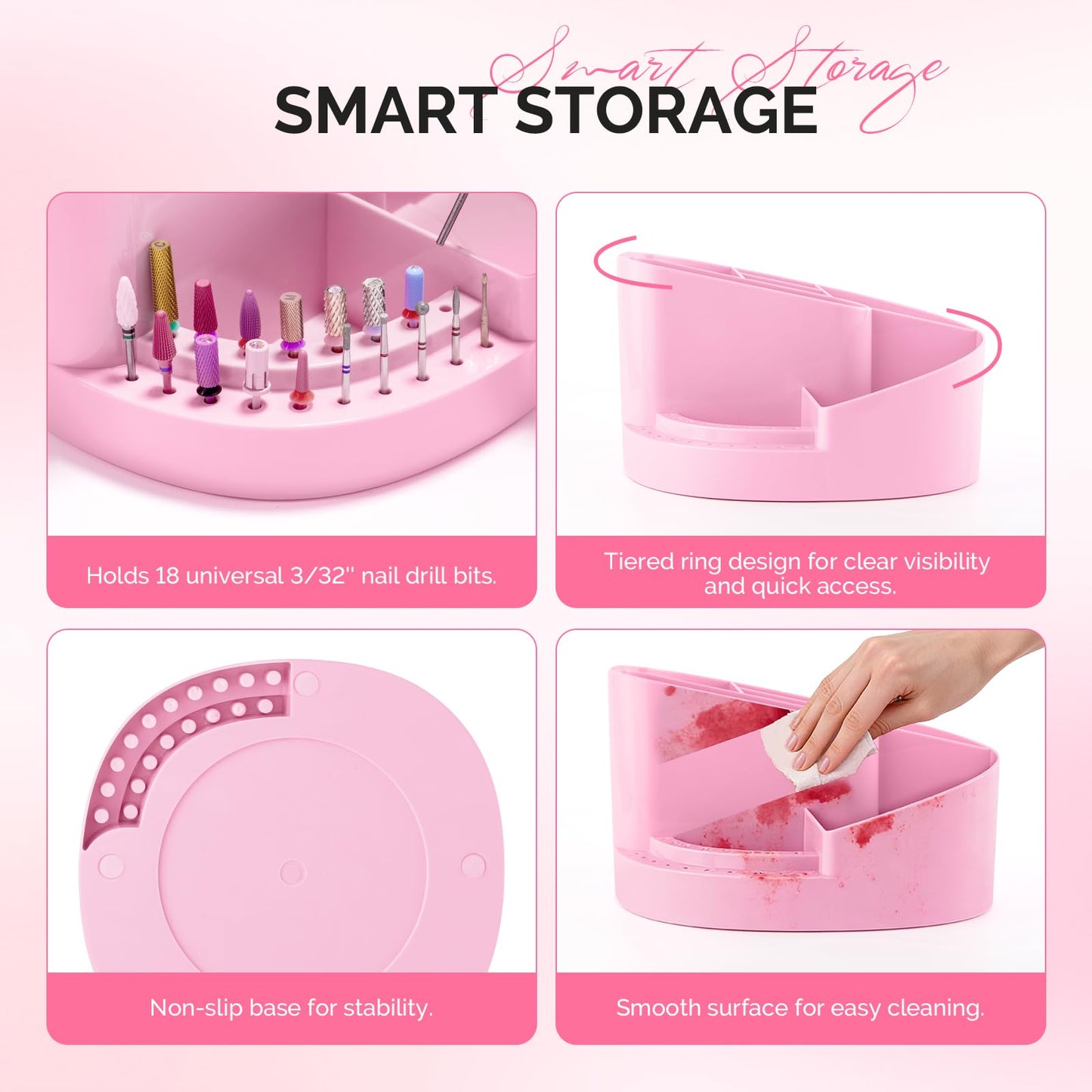 MelodySusie Nail Drill Holder & Nail Art Tools Storage Box, Large Capacity Sturdy Desk Organizer for 3/32" Nail Drill Bits, Nail Tech Supplies Container for Acrylic Salon & Home, Pink