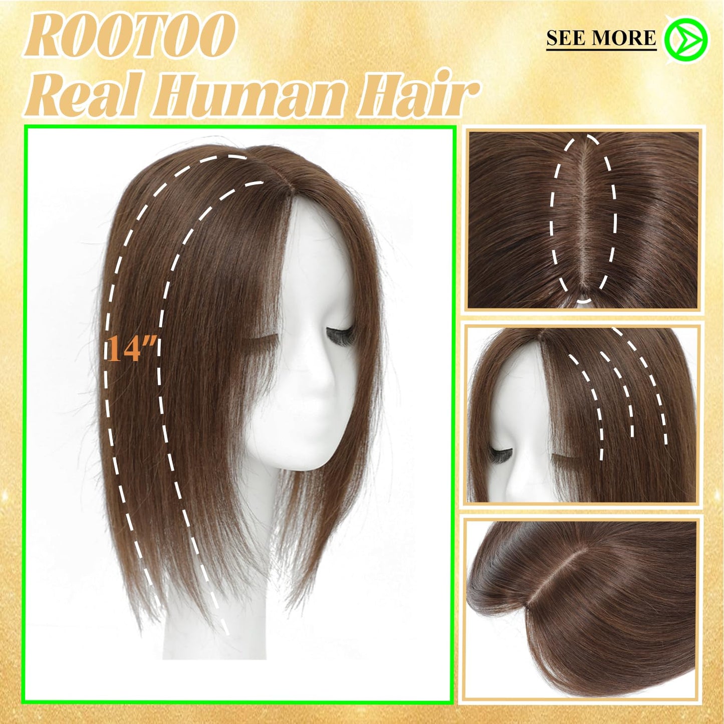 Real Human Hair Hair Toppers for Women - 14 Inch Clip-In Curtain Bangs | Mocha Brown, 360° Coverage