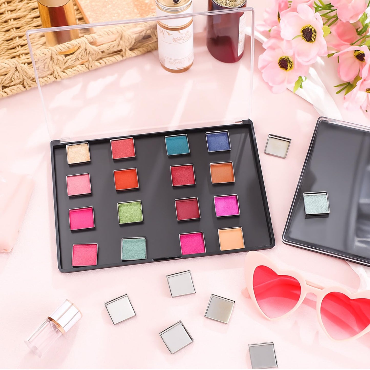 Acellegic 2 Pack XL Large Magnetic Makeup Palette with Clear Top 9.25x6.57'' Empty Cosmetics Pan Dispensing Storage Box 36 Empty Metal Makeup Eye Shadow Tray for DIY Eyeshadow Lipstick Blush Powder