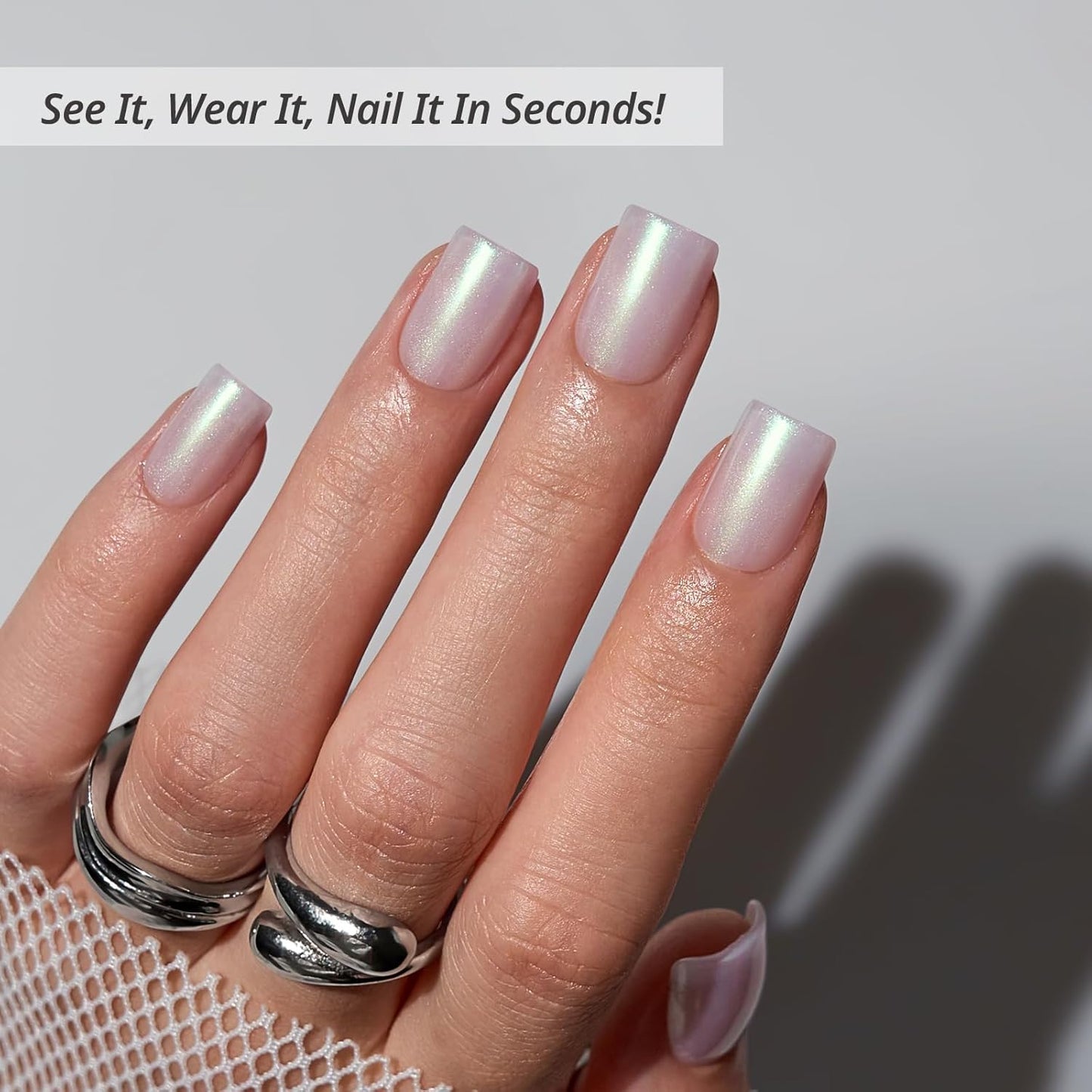 Press On Nails - Pearlescent Glitter Square Nail Set with Glue | 32 Opaque Soft Gel Nails in 16 Sizes - Screaming Silver