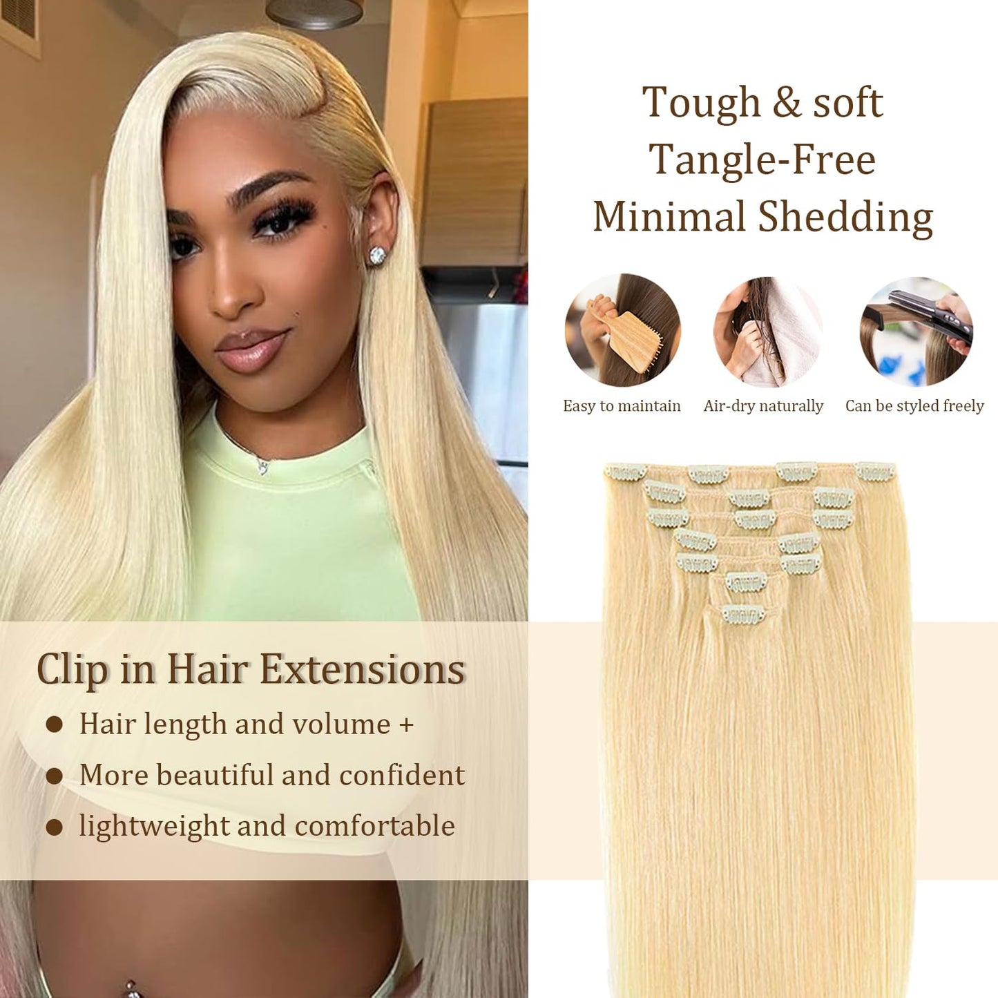 24 Inch #613 Clip in Hair Extensions Real Human Hair 120g/7Pcs,Full Shine Honey Blonde Remy Human Hair,#613 Blonde Straight Clip ins Brazilian Virgin Human Hair Extensions