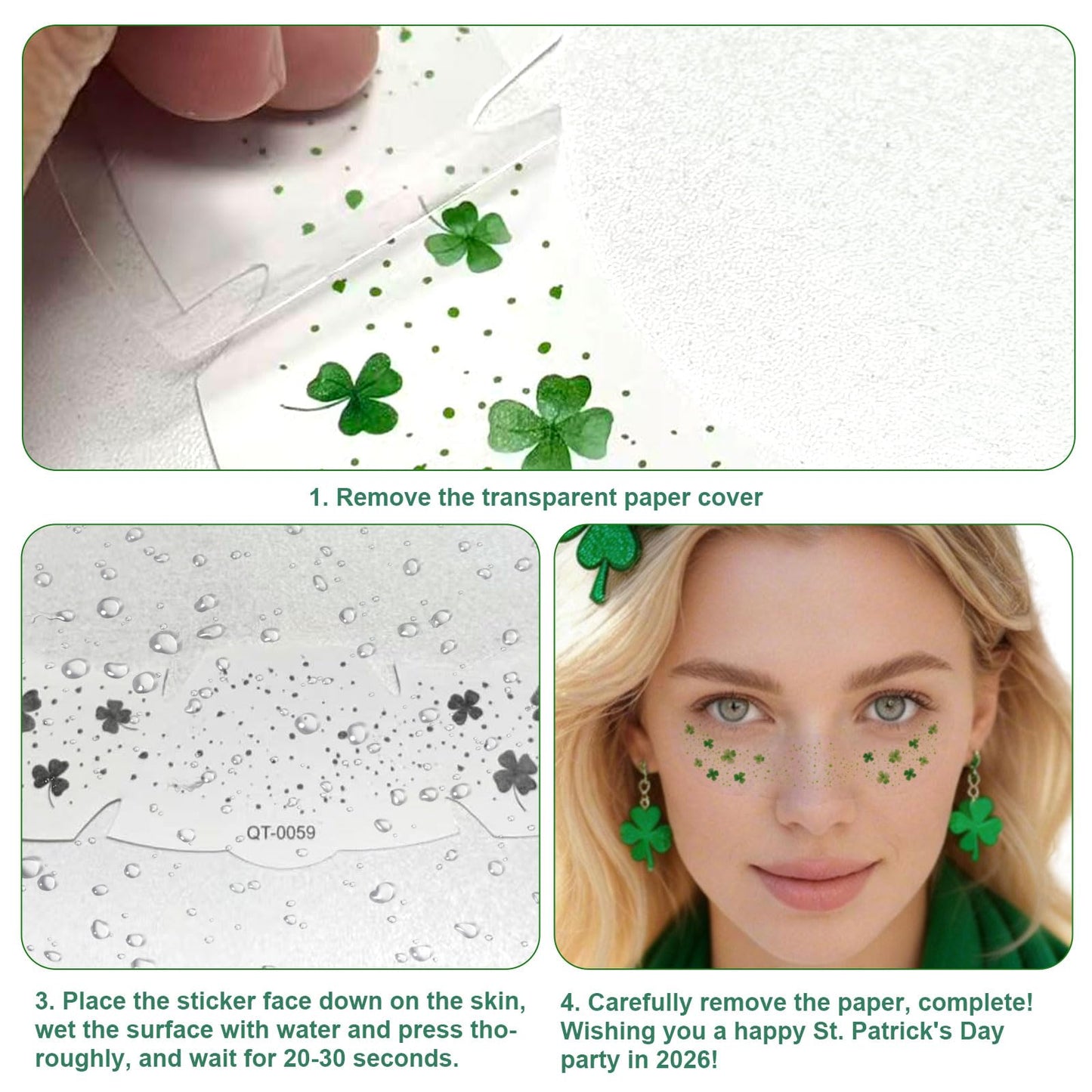St. Patrick’s Day Temporary Tattoos - 6Pcs Glitter Shamrock & Four-Leaf Clover Face Stickers for Party
