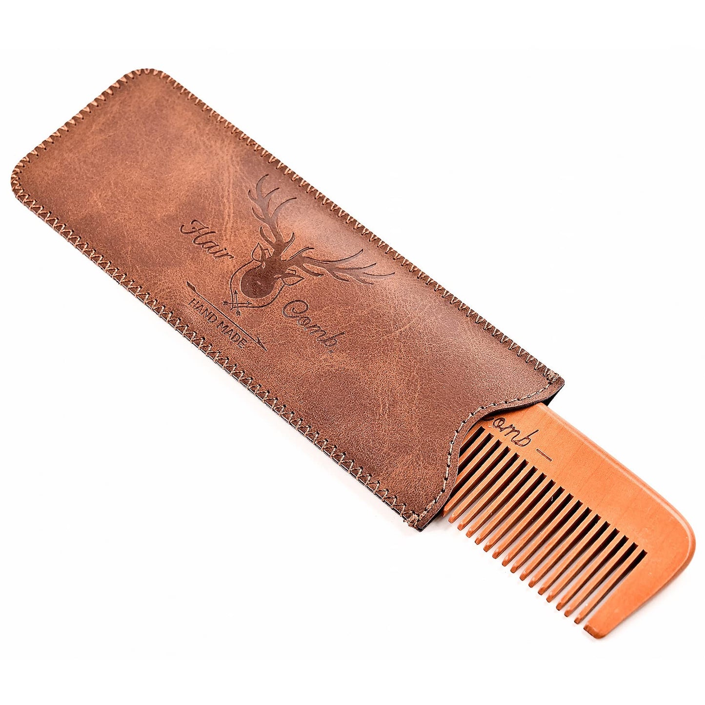 Menesia Wooden Hair Combs for Men & Women, Mens Wood Beard Comb with Leather Travel Case, Womens Combs for Hair, Kids Comb, Mens comb - Brown Deer