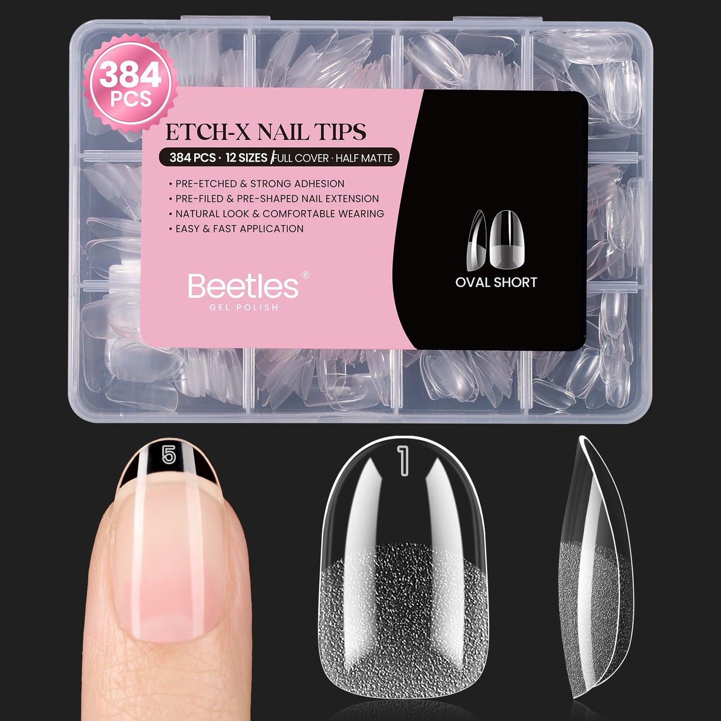 Beetles Gel Nail Tips Etch-X- Oval Short, 384pcs 12 Sizes, Pre-Etched Half Matte Full Cover Soft Gel Nail Tips, Press on False Nail Extension Acrylic Fake Nails, Easy DIY Salon Art