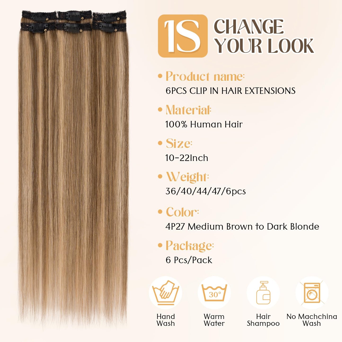 S-noilite 6Pcs Clip in Human Hair Extensions,Remy Single Short Clip in Hair Extensions 6Pcs 6clips Straight Medium Brown/Dark Blonde Seamless Hairpieces for Women 10Inch 31g