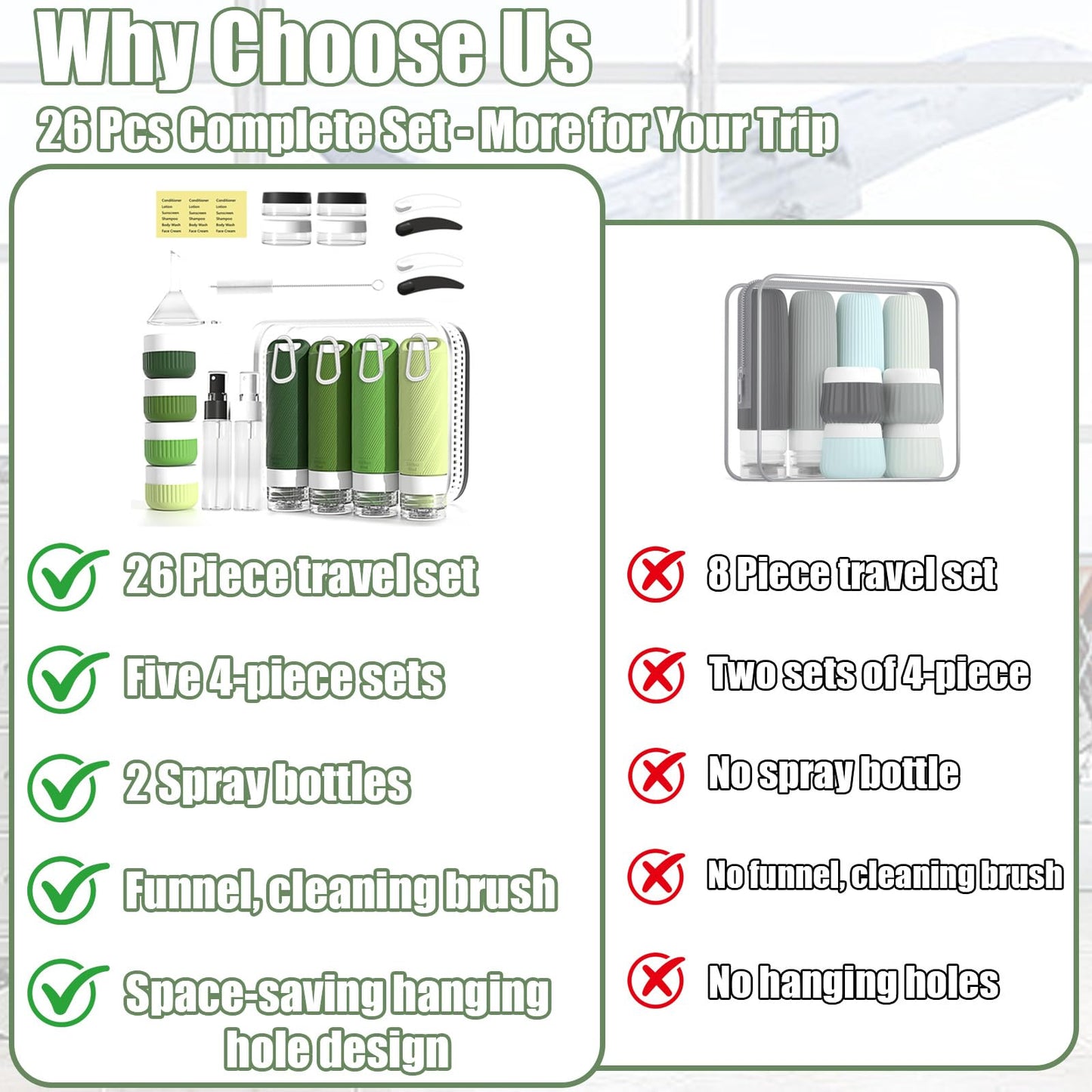 Udihch 26 Pcs TSA Approved Travel Toiletry Bottles Set, Leakproof Silicone Refillable Travel Containers with Hanging Hole & Carabiner, Portable Essentials, for Shampoo Conditioner Lotion Body Wash
