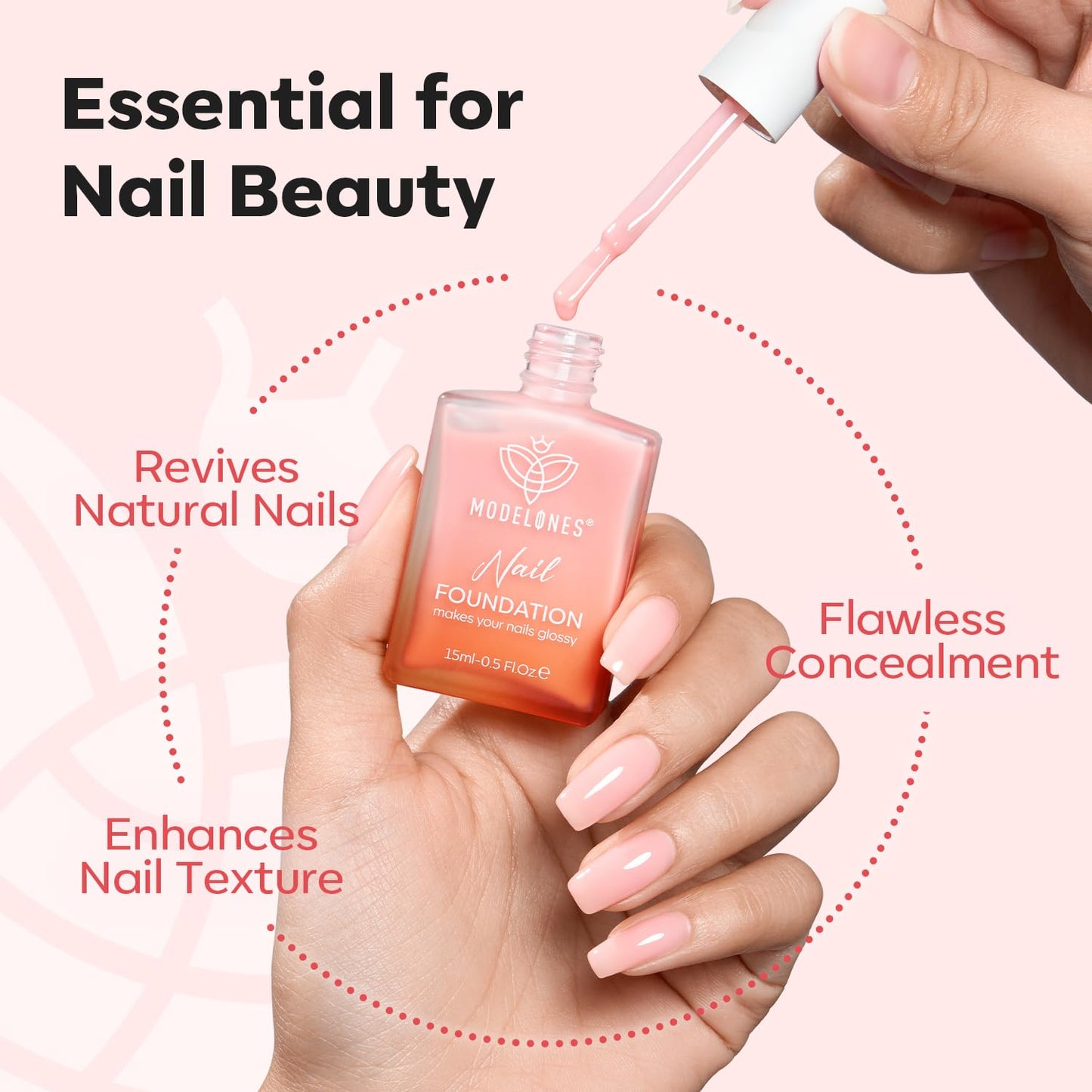 Modelones Nail Strengthener - Peachy Pink Repair Polish for Damaged Nails | 15ml Natural Growth & Concealer